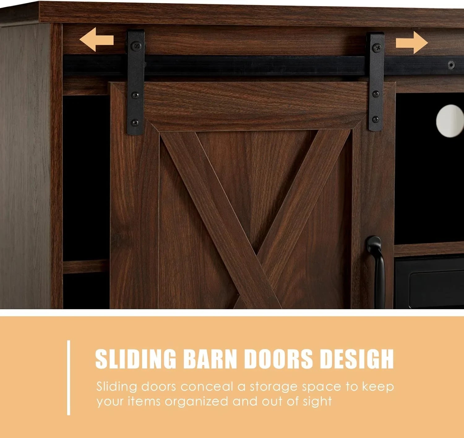 Meuble TV avec cheminée AMERLIFE et portes coulissantes style grange, compatible avec les téléviseurs jusqu'à 73 pouces, centre de divertissement avec cheminée de style ferme