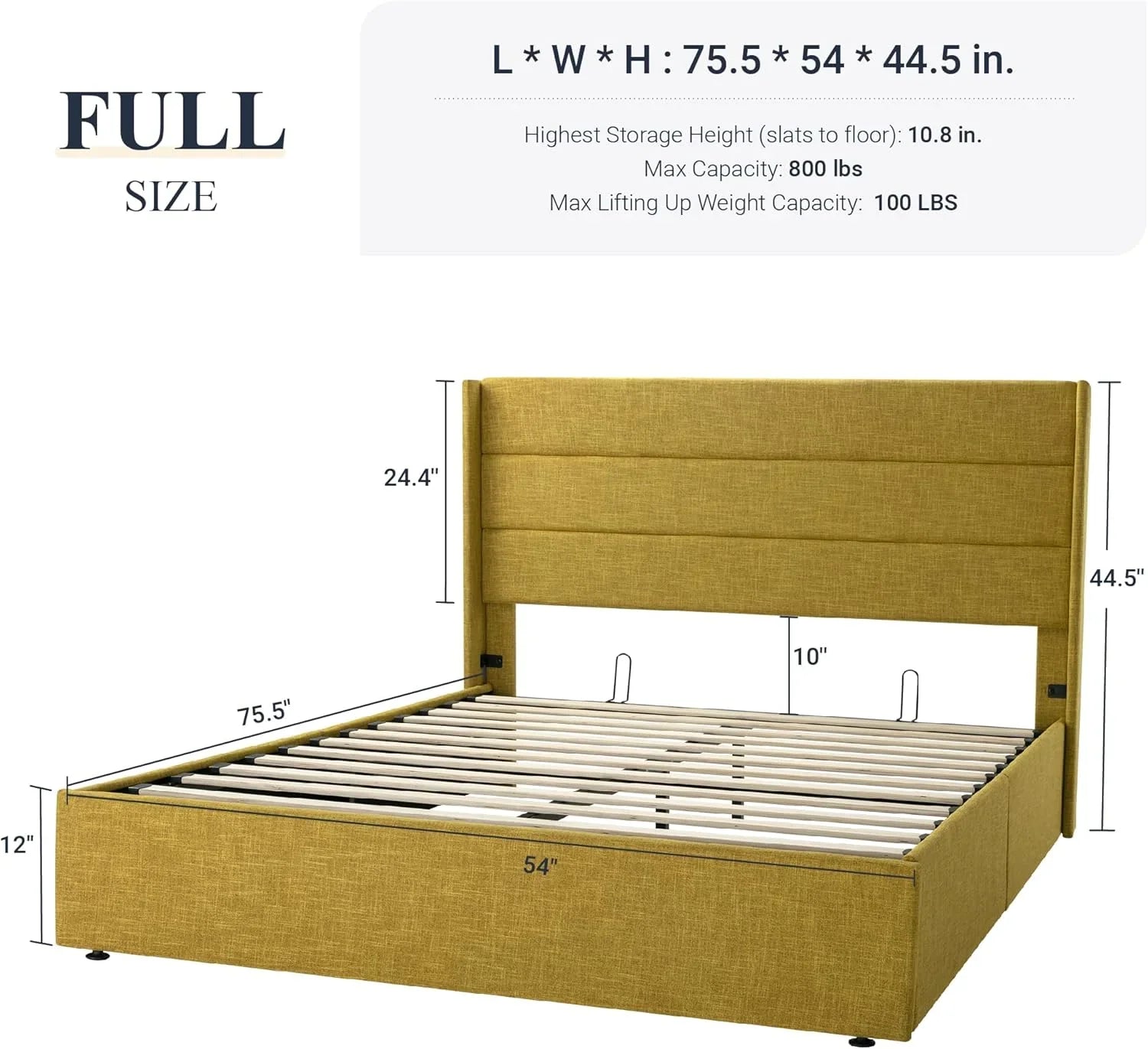 Lit queen-size relevable avec rangement Allewie, tête de lit à oreilles moderne et support hydraulique