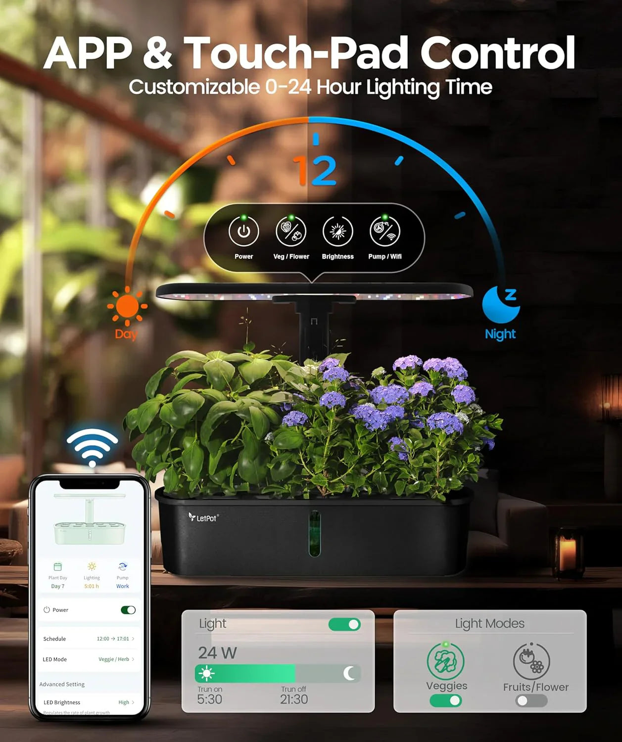 Kit de culture hydroponique, jardin d'intérieur intelligent contrôlé par application et Wi-Fi avec lampe de culture à spectre complet de 24 W