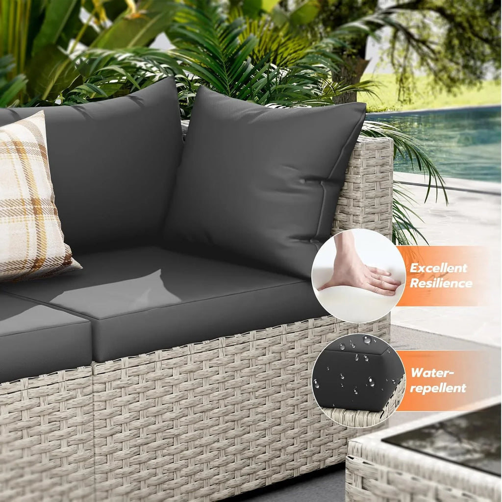 Ensemble de meubles de jardin UDPATIO, canapé sectionnel en osier PE 7 pièces avec table à thé, ensemble de conversation extérieur