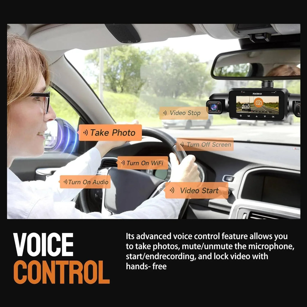 Caméra embarquée 360° 4 canaux FHD 4 x 1080p Wi-Fi GPS Commande vocale, caméra embarquée frontale 2K + 1080p x 2, avec carte SD 64 Go, vision nocturne, mode stationnement 24h/24