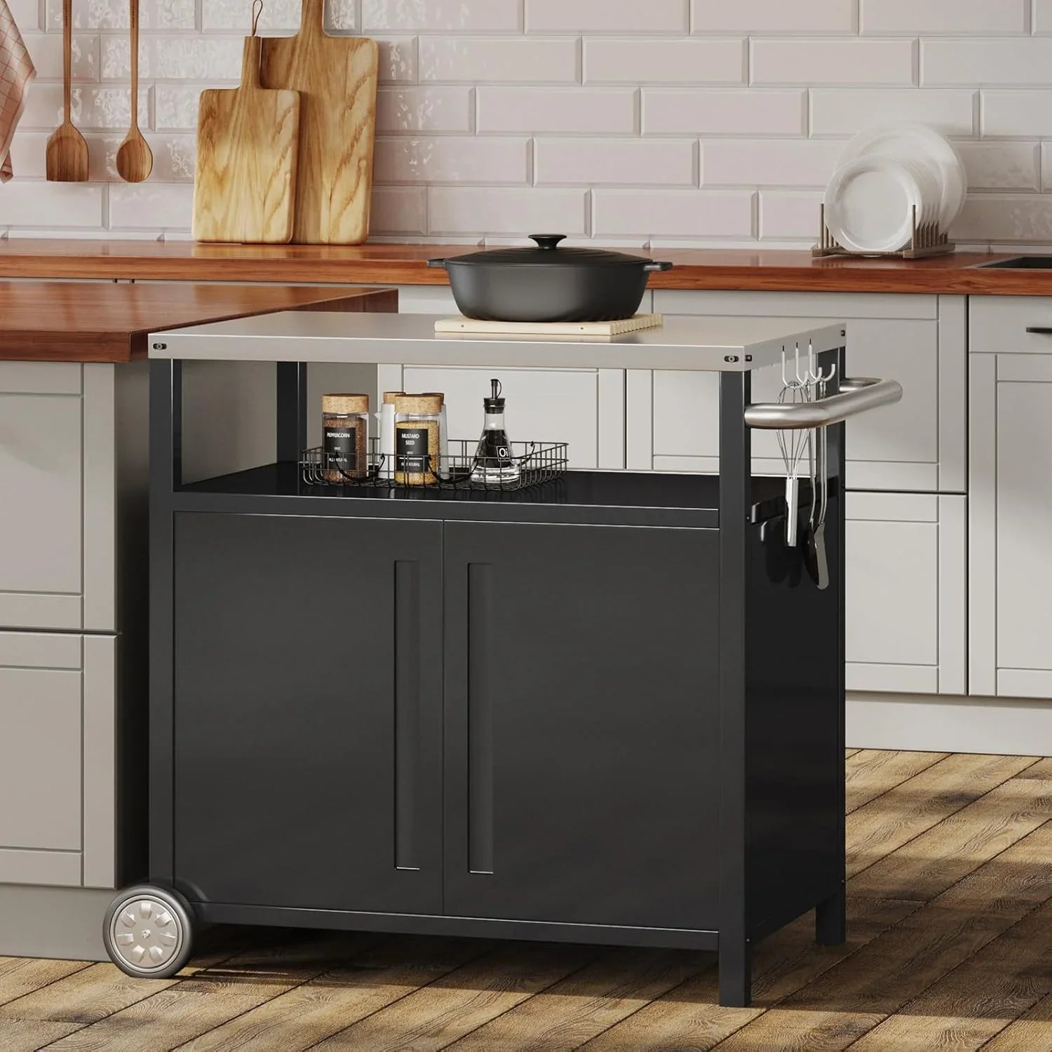 Chariot de barbecue d'extérieur en acier inoxydable, support de four à pizza, table roulante, chariot de barbecue robuste