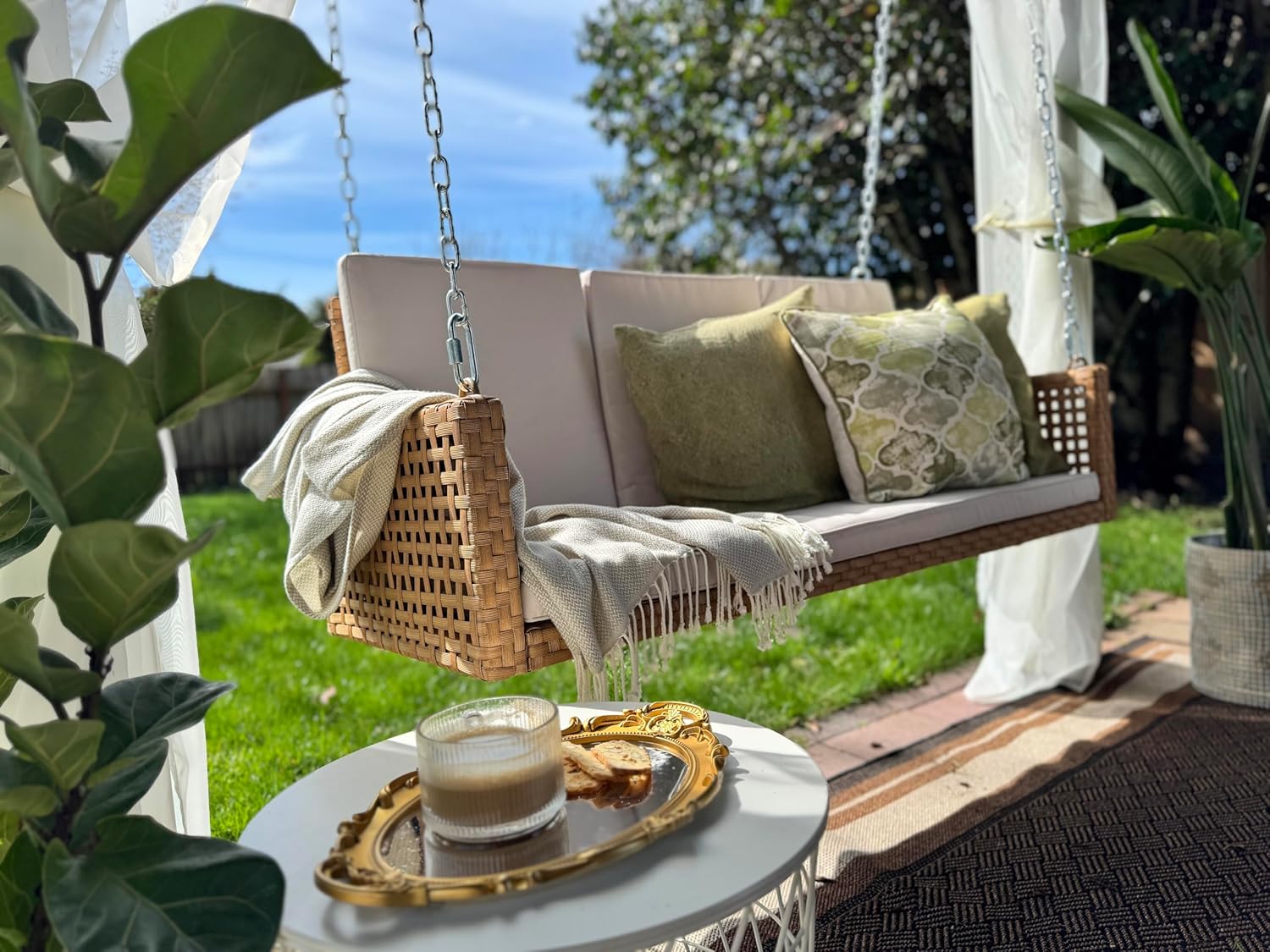 YITAHOME Balancelle suspendue pour porche, 3 places, banc d'extérieur en osier