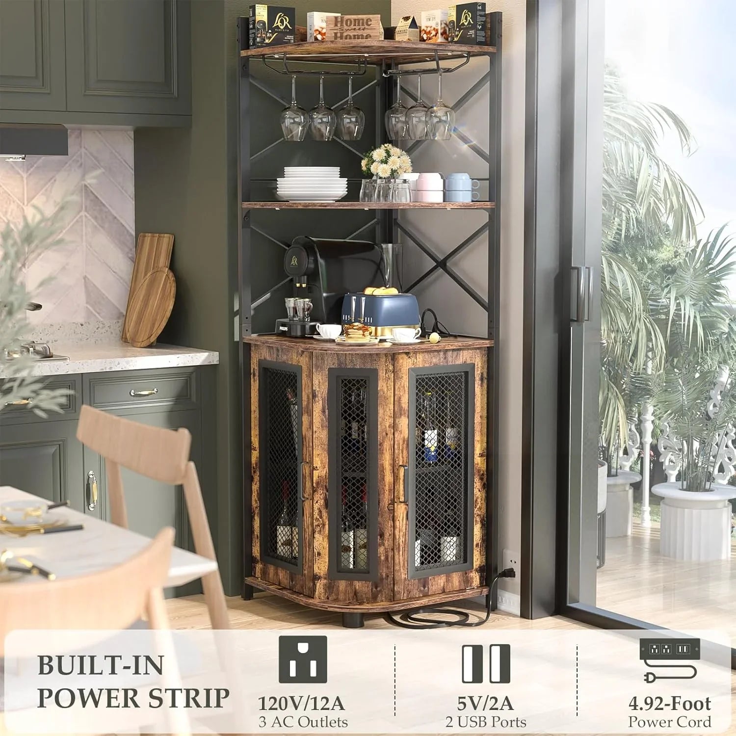 Meuble bar d'angle avec prise de courant, armoire à vin de style industriel avec bande lumineuse LED et support à verres, meuble bar à vin à cinq niveaux pour la maison, vitrine d'angle pour petit espace
