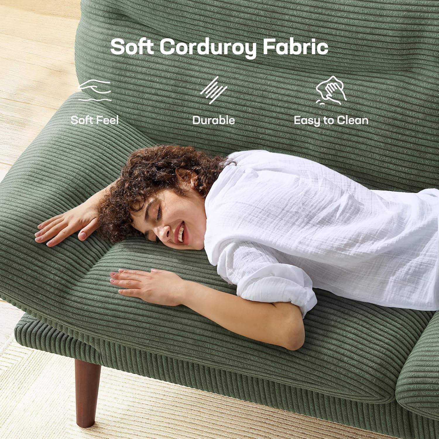 Canapé-lit futon, canapé futon avec dossier et accoudoirs réglables, convertible en petit canapé-lit causeuse en velours côtelé vert