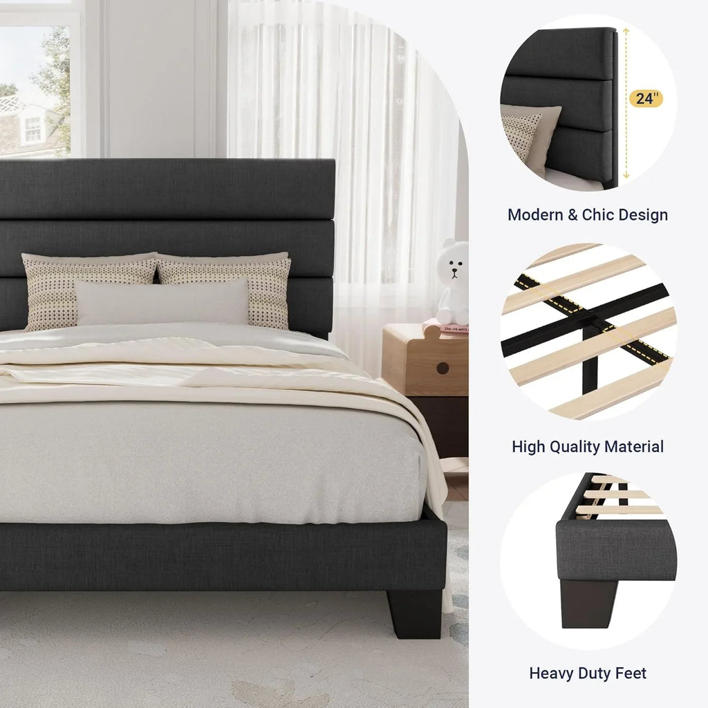 Cadre de lit plateforme Allewie Queen Size avec tête de lit rembourrée en tissu et support à lattes en bois, sommier entièrement rembourré (pas besoin de sommier)