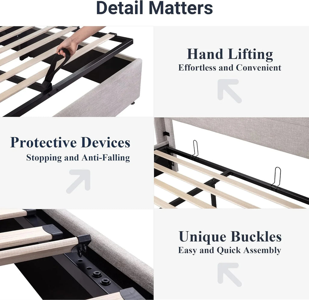 Lit queen-size relevable avec rangement Allewie, tête de lit à oreilles moderne et support hydraulique