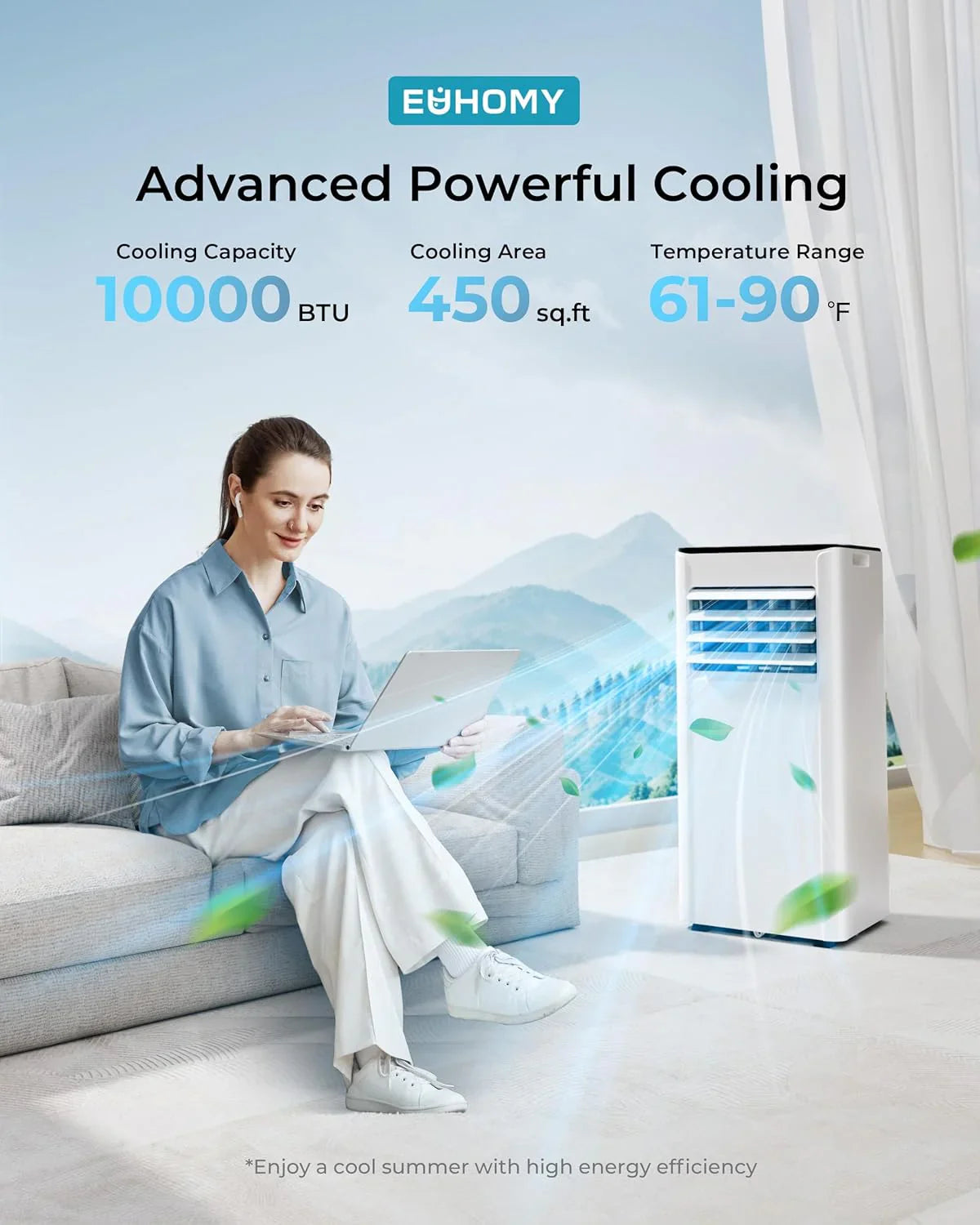 Climatiseur portatif EUHOMY 8 000 BTU, 4 en 1, couvre jusqu'à 350 pi², 4 modes, silencieux, avec télécommande, refroidissement, ventilateur, déshumidificateur