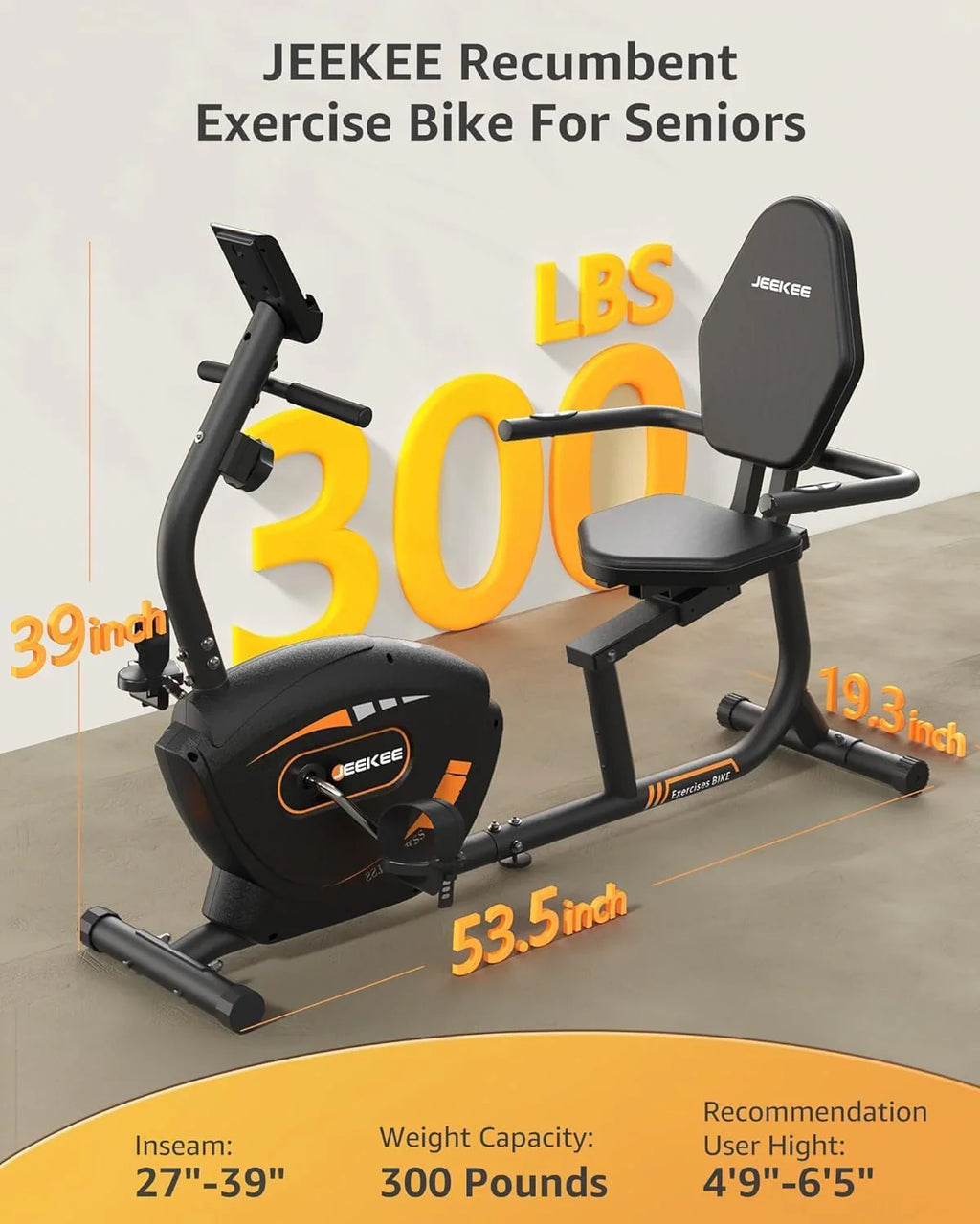 Vélo d'appartement couché JEEKEE pour adultes et seniors - Équipement de fitness magnétique d'intérieur