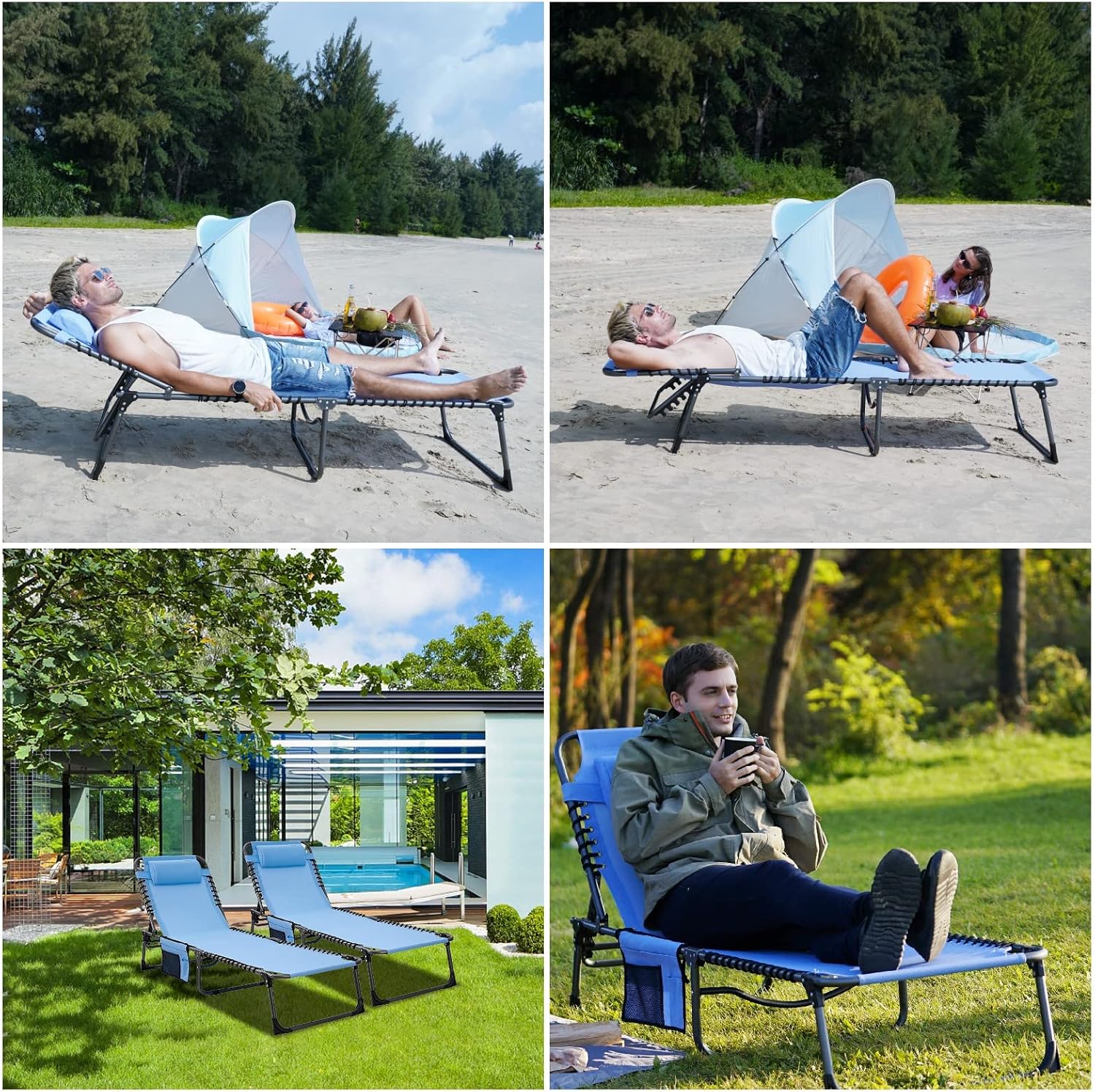 Lot de 2 chaises longues d'extérieur - Chaise longue pliante portable pour patio, piscine, camping, inclinable et réglable sur 5 positions