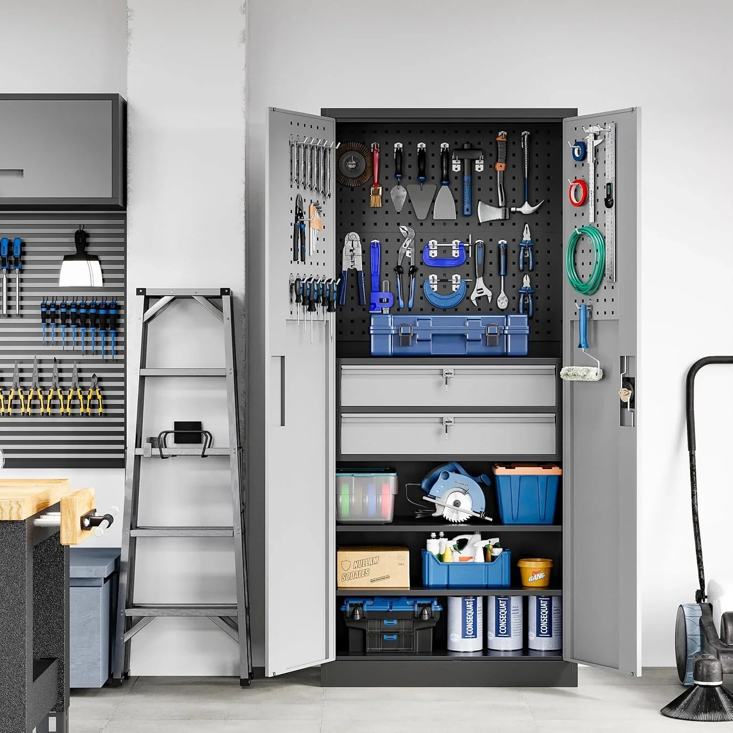 Armoire de rangement de garage en métal Yizosh avec portes verrouillables et 2 tiroirs, armoire à outils robuste en acier avec panneau perforé, 71" - Armoires verrouillables