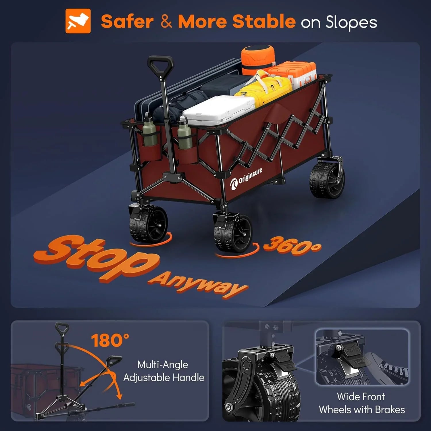 Poussette pliable à quatre roues de 96 cm de long, pliable, capacité de 200 kg, poussette de plage pliable robuste de 220 litres avec de grands pneus tout-terrain