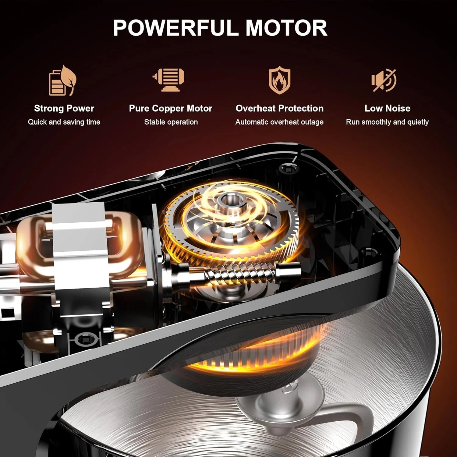 Batteur sur socle 10 vitesses avec protection anti-éclaboussures 8 en 1, tête inclinable, bol en acier inoxydable de 6 litres + crochet pétrisseur/fouet/mixeur/grattoir lavable au lave-vaisselle