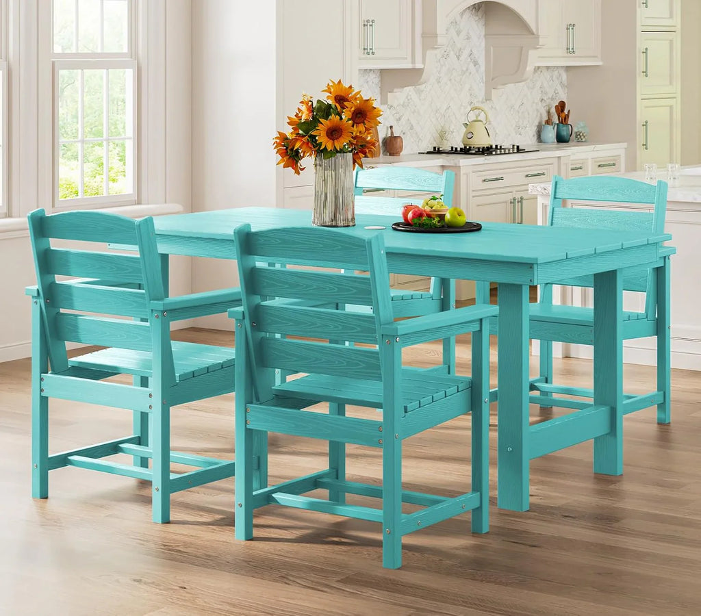 Ensemble de salle à manger d'extérieur en PEHD, 7 pièces, avec table découpée pour parasol et 6 chaises