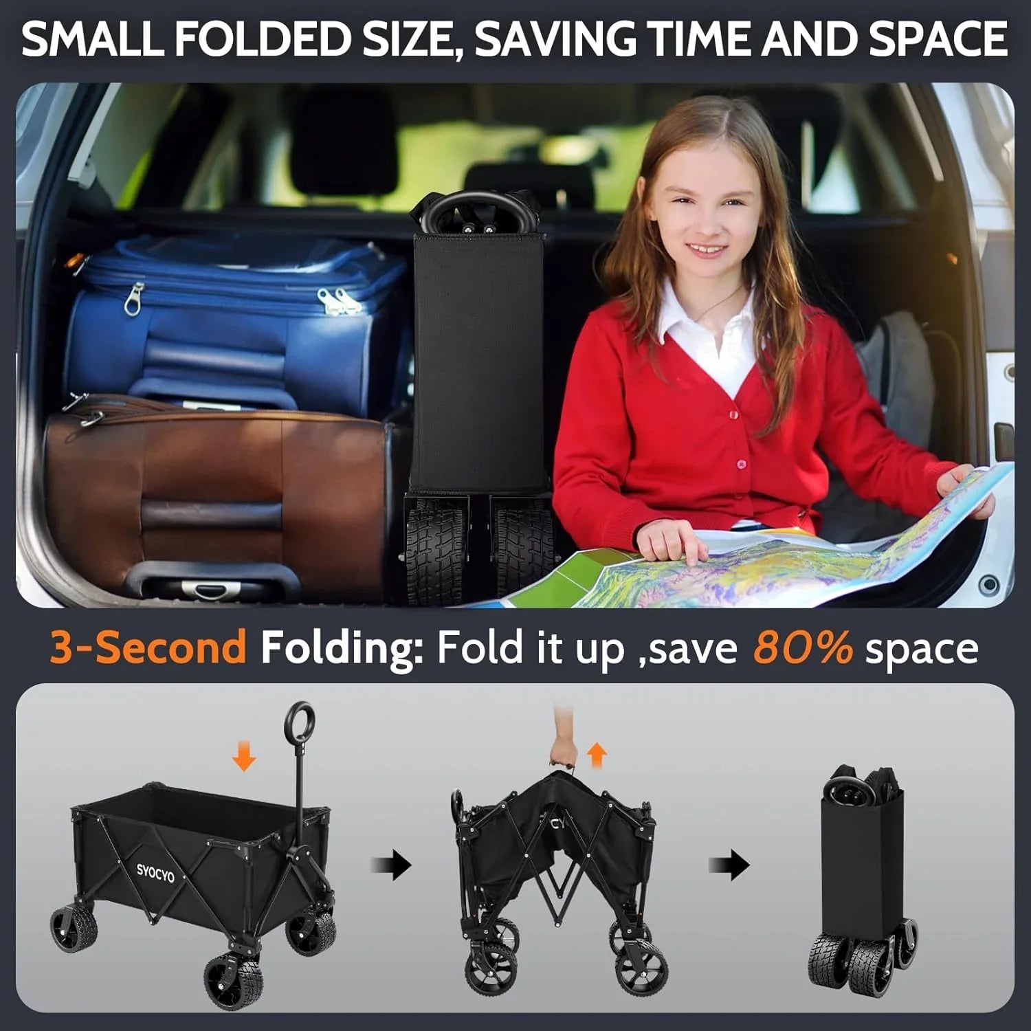 Chariot de plage pliable à grandes roues, chariot de plage pliable avec roues tout-terrain, grande capacité de charge, chariot robuste