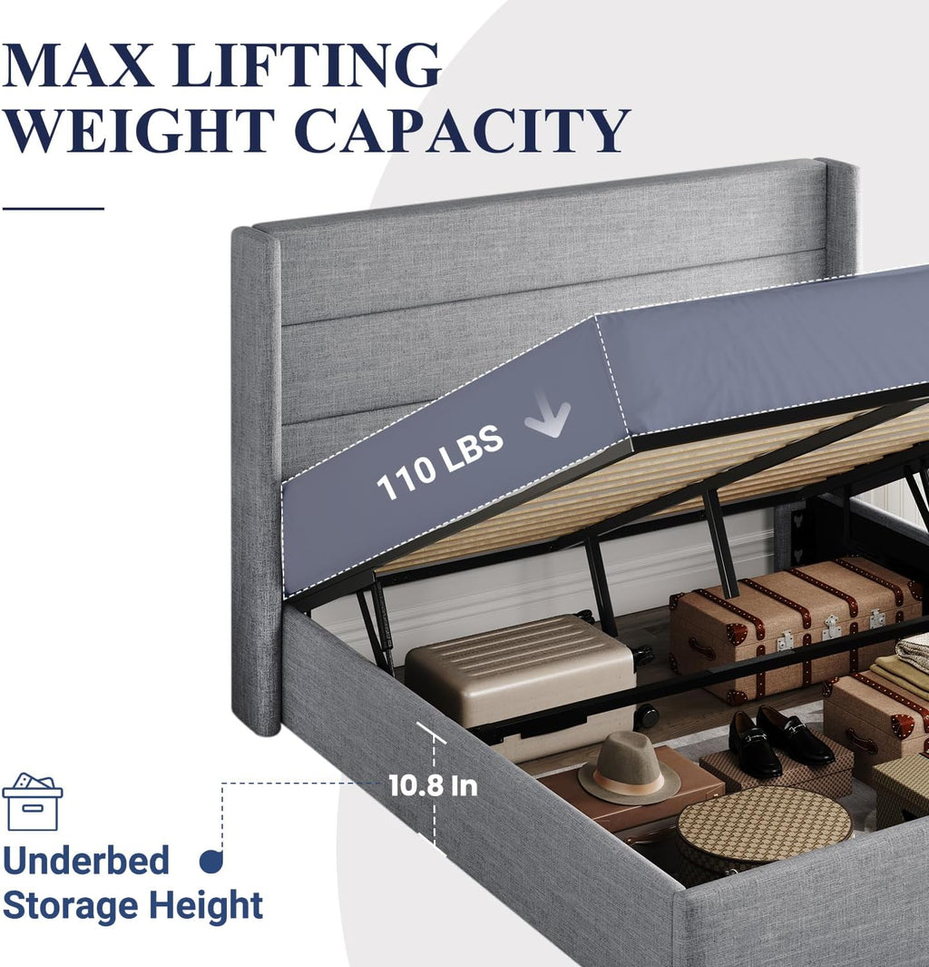 Lit queen-size relevable avec rangement Allewie, tête de lit à oreilles moderne et support hydraulique