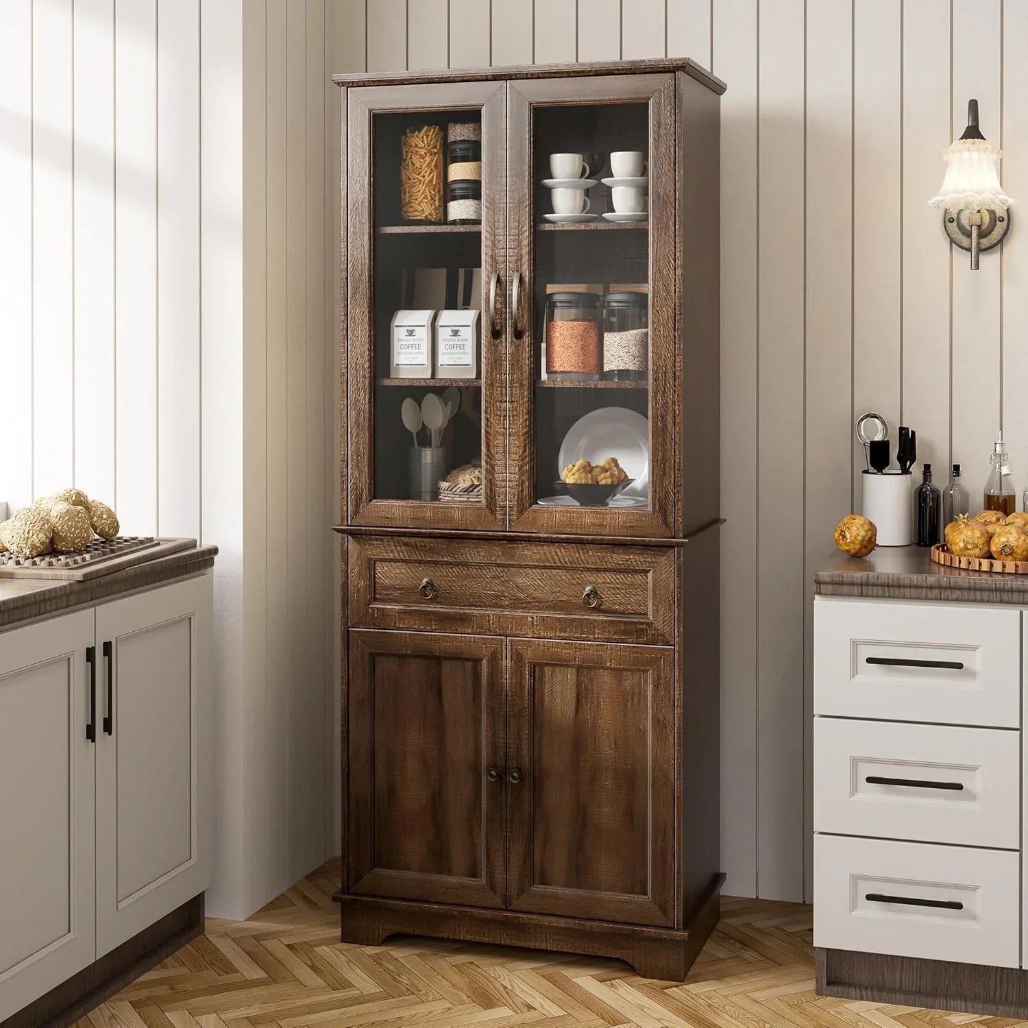 Armoire de garde-manger de 180 cm de haut avec portes vitrées