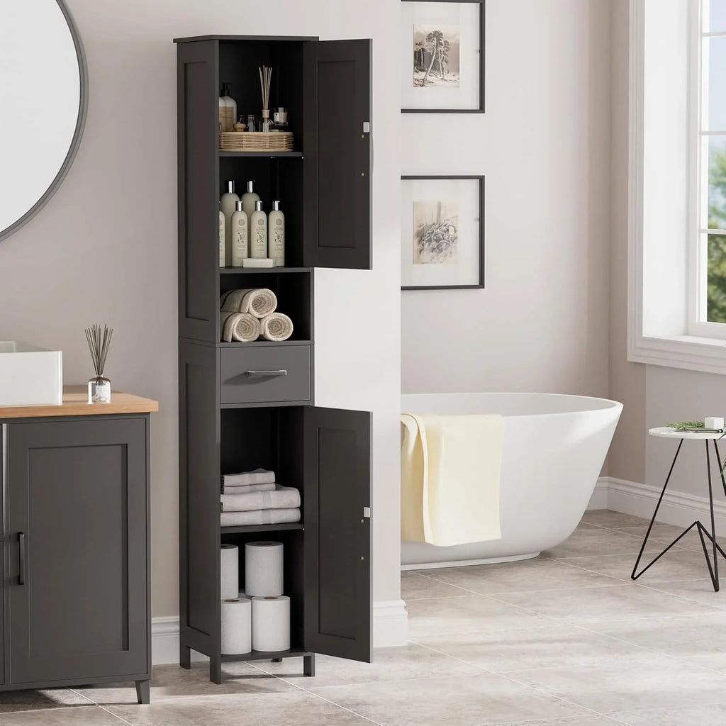 Meuble de rangement de salle de bain Homhedy de 67 po de hauteur avec 2 portes de grange et 1 tiroir