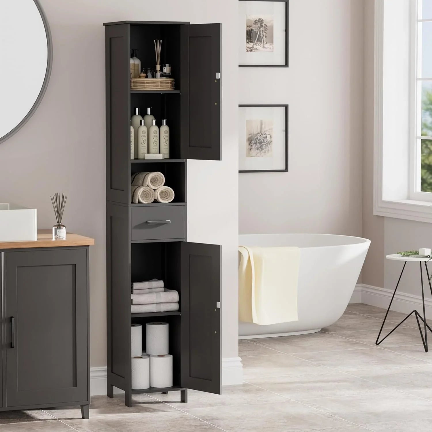 Meuble de rangement de salle de bain Homhedy de 67 po de hauteur avec 2 portes de grange et 1 tiroir