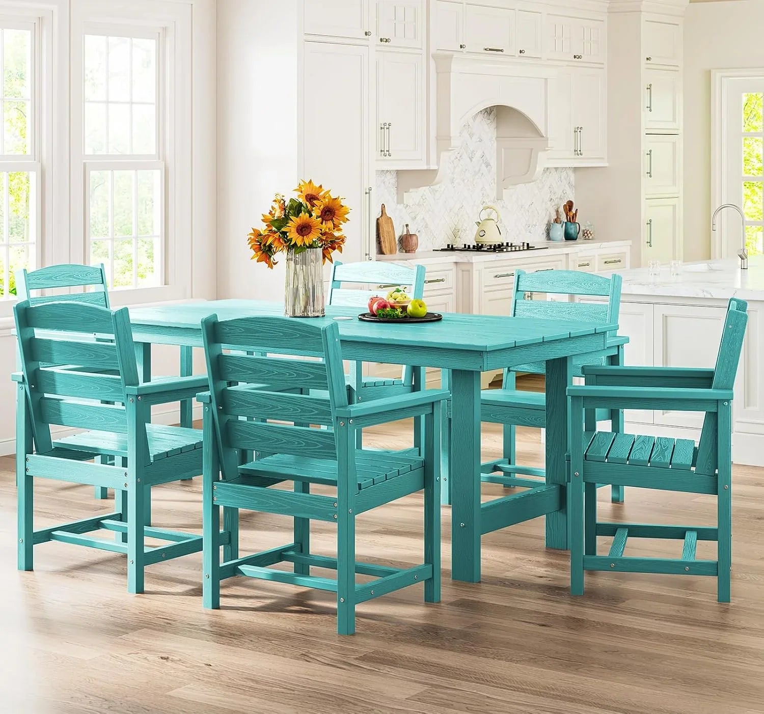 Ensemble de salle à manger d'extérieur en PEHD, 7 pièces, avec table découpée pour parasol et 6 chaises