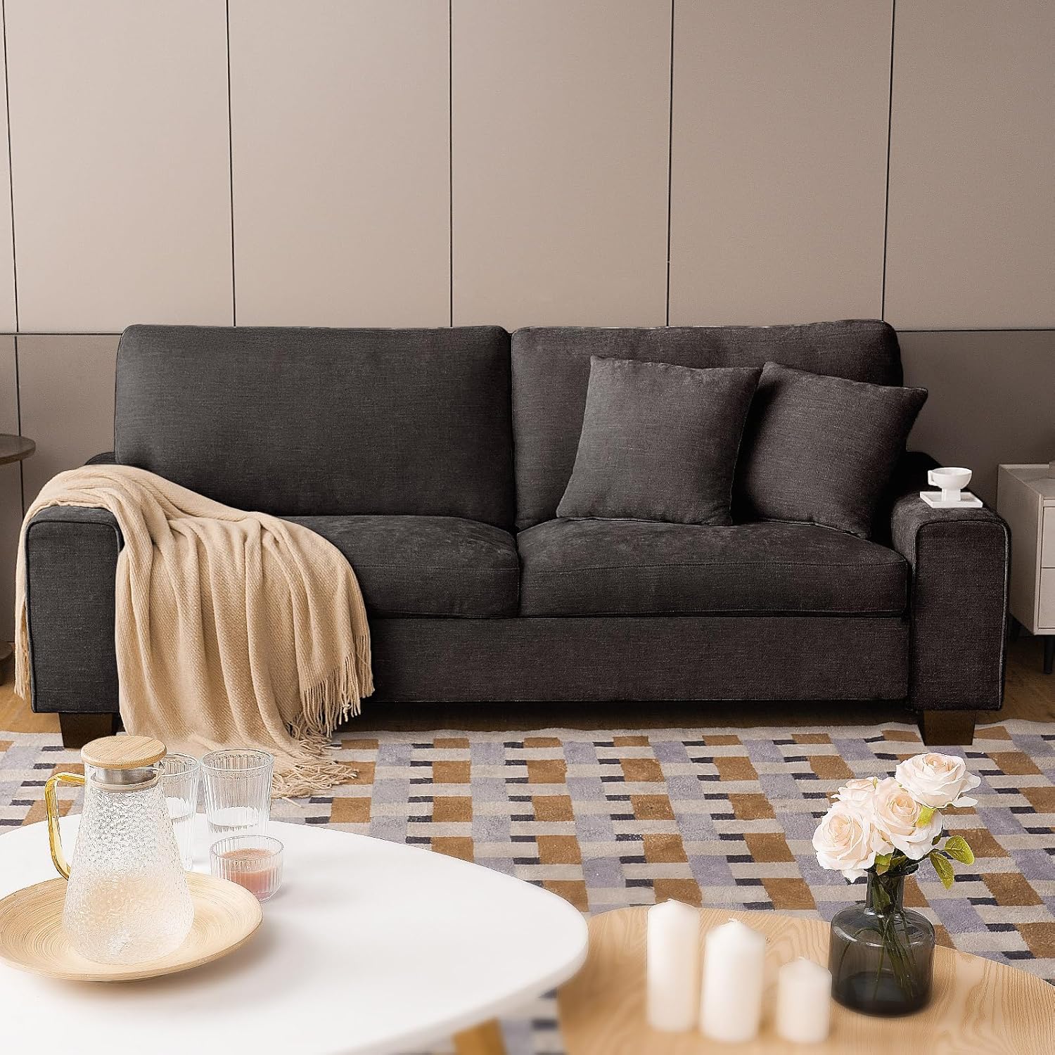 Canapé double de salon DOPEDIO, fauteuil en chenille, amovible, structure en bois massif