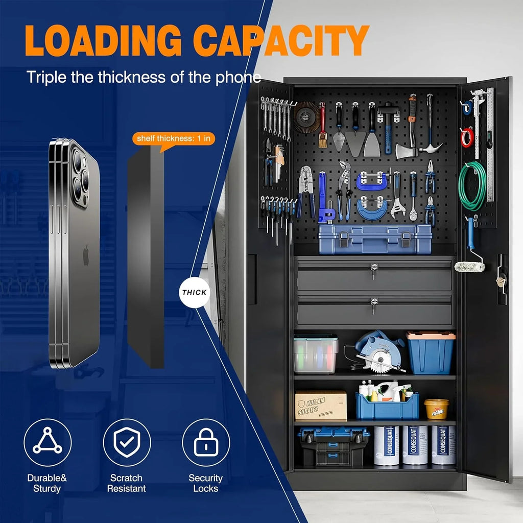 Armoire de rangement de garage en métal Yizosh avec portes verrouillables et 2 tiroirs, armoire à outils robuste en acier avec panneau perforé, 71" - Armoires verrouillables