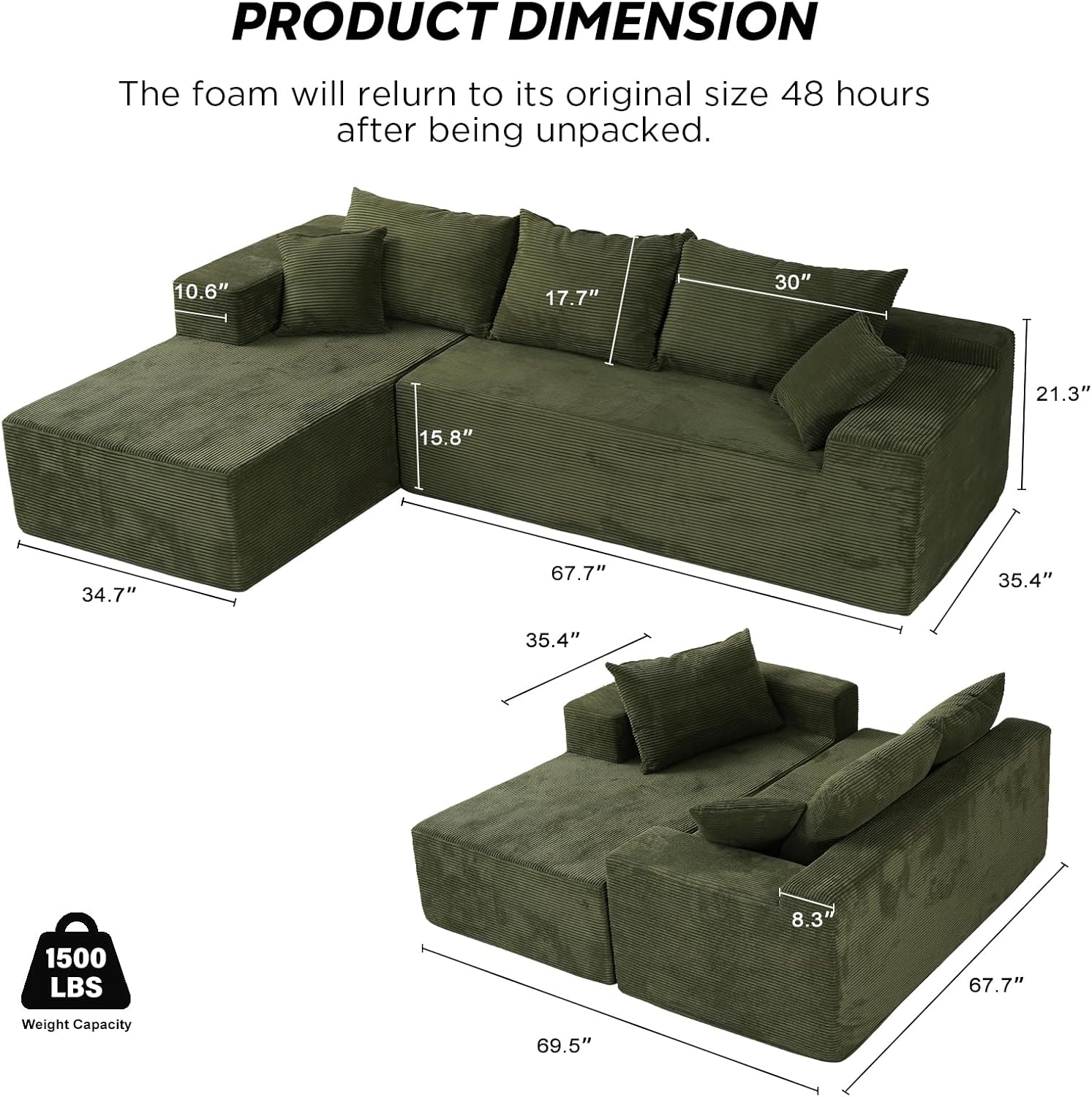 Cloud sofa with L-shaped lounge chair, modern modular sofa with deep seats