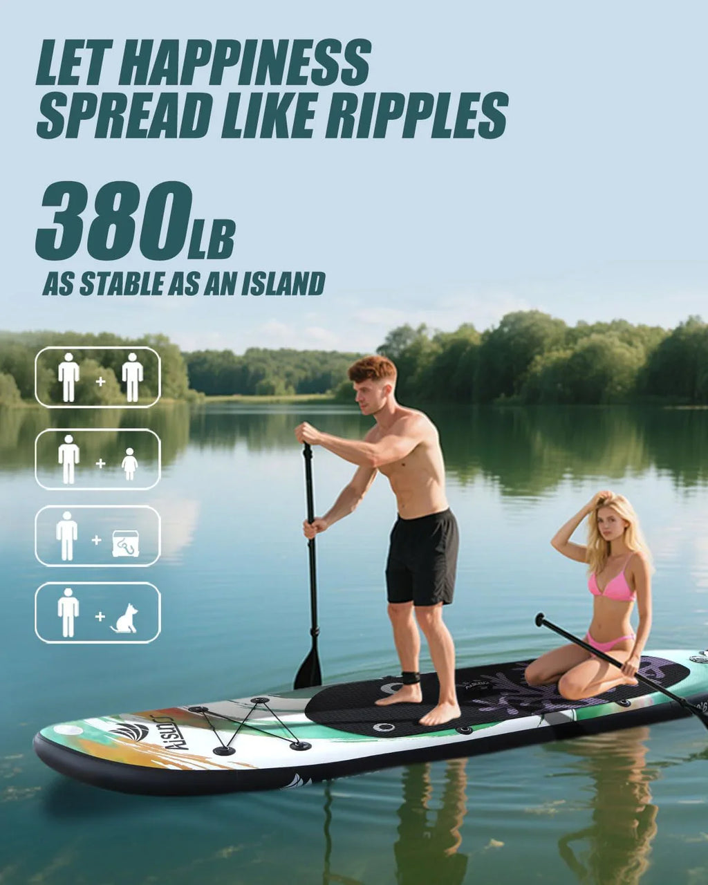 Planche de SUP gonflable large avec sac de transport SUP, pompe à main, sac étanche 10L et pagaie réglable