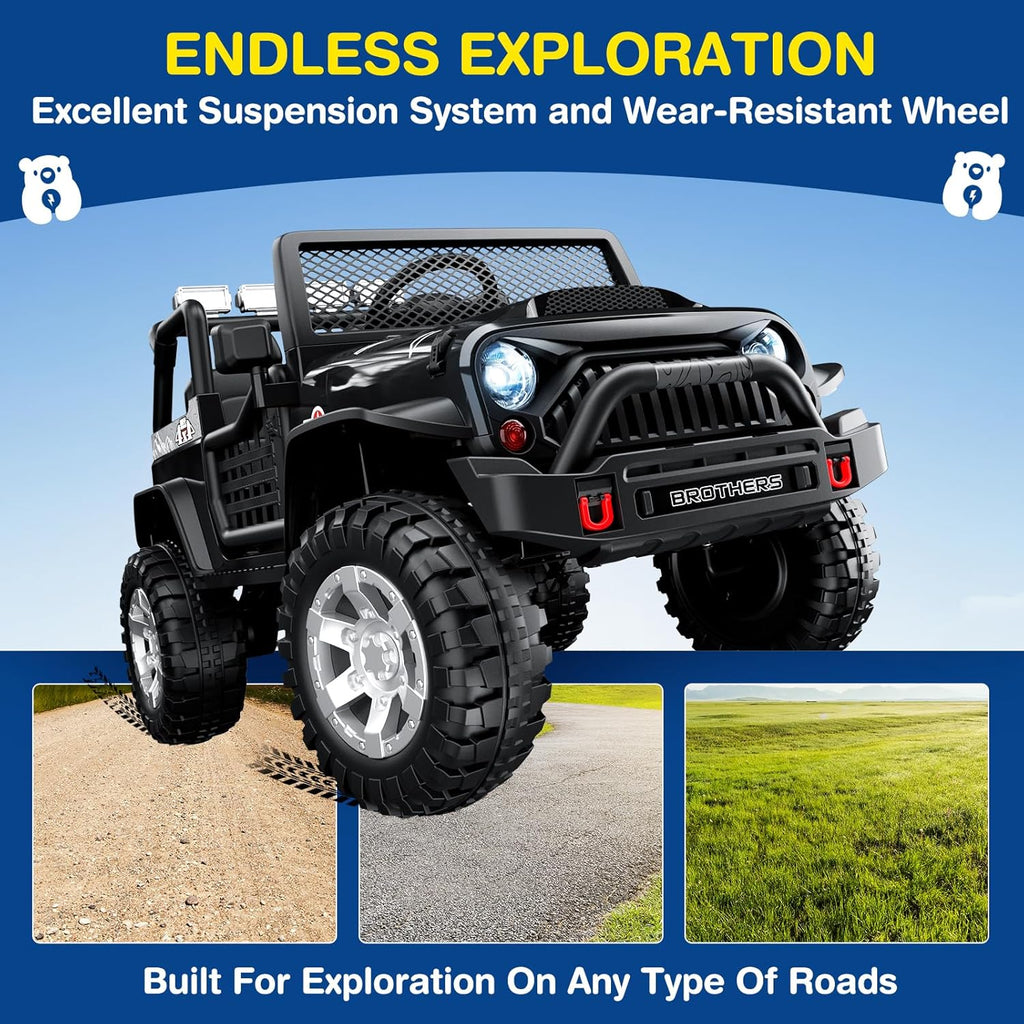 Trottinette électrique L8 pour enfants, 2 places, 12 V, avec télécommande, suspension à 4 roues et haut-parleur Bluetooth.