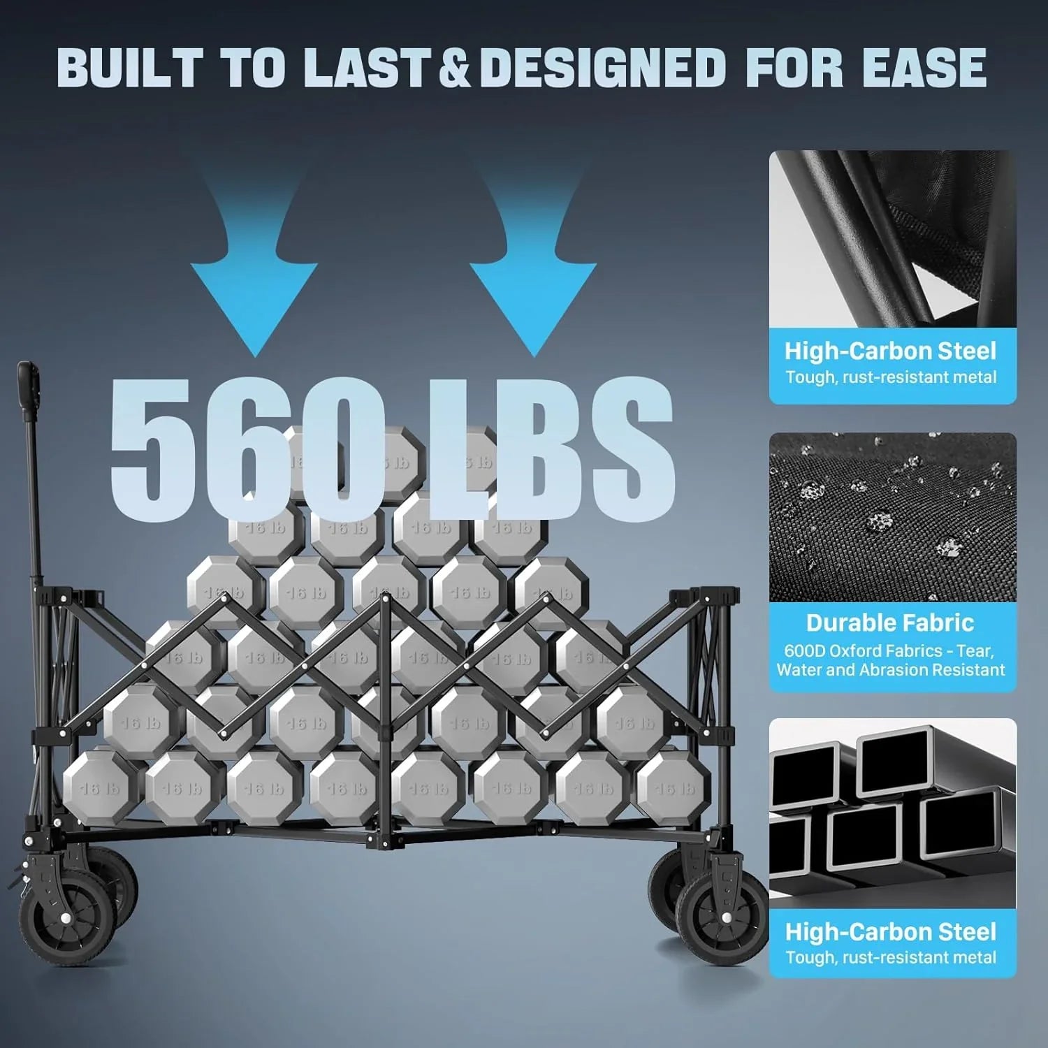 Chariot de voyage pliable extra large de 48 pouces, capacité de 254 kg, chariot utilitaire robuste de 350 L avec freins et roues tout-terrain.