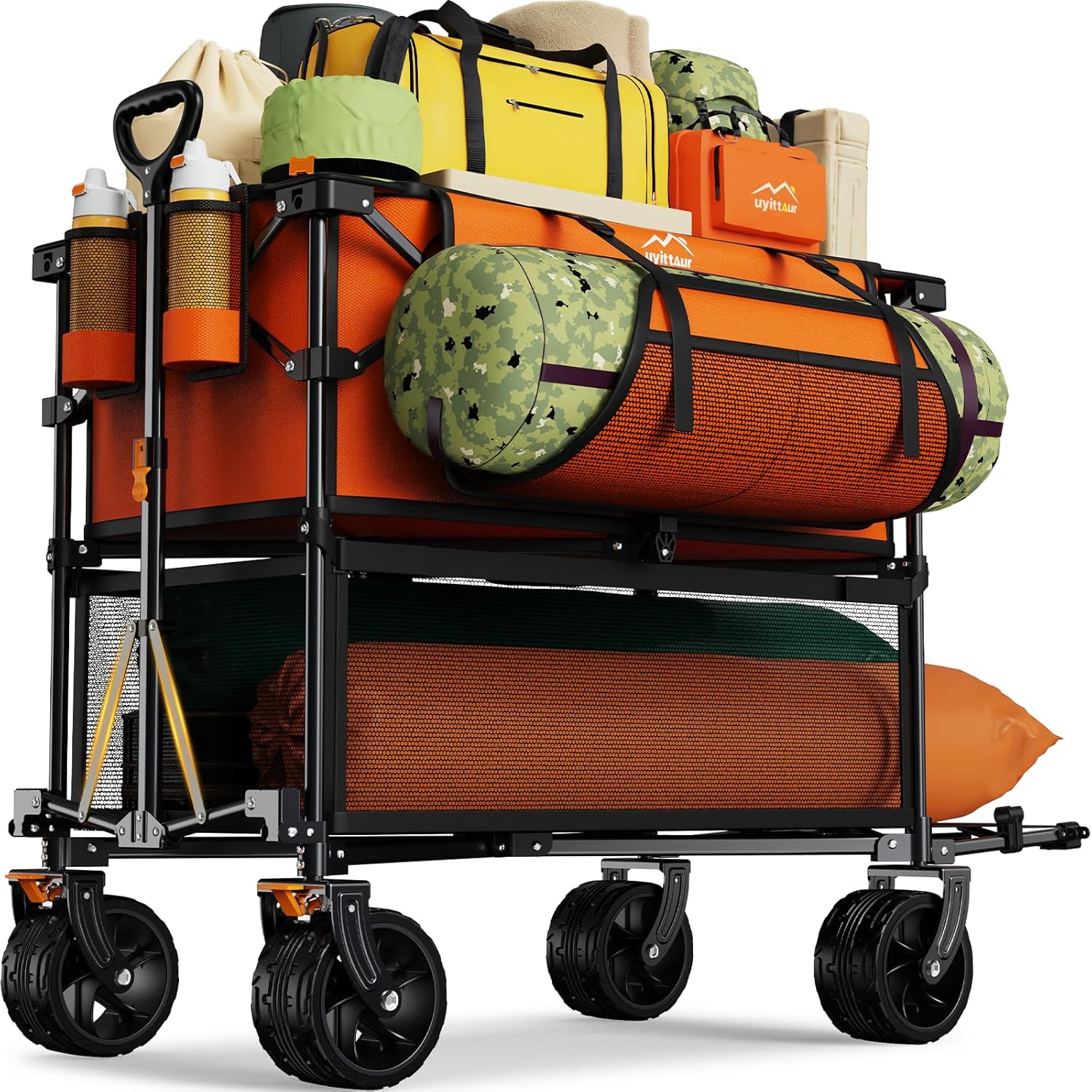 Chariot de sport extra-long pliable à deux étages de 50 pouces (127 cm), chariot robuste et pliable de 400 litres avec grandes roues, chariot extensible tout-terrain utilitaire pour l'extérieur