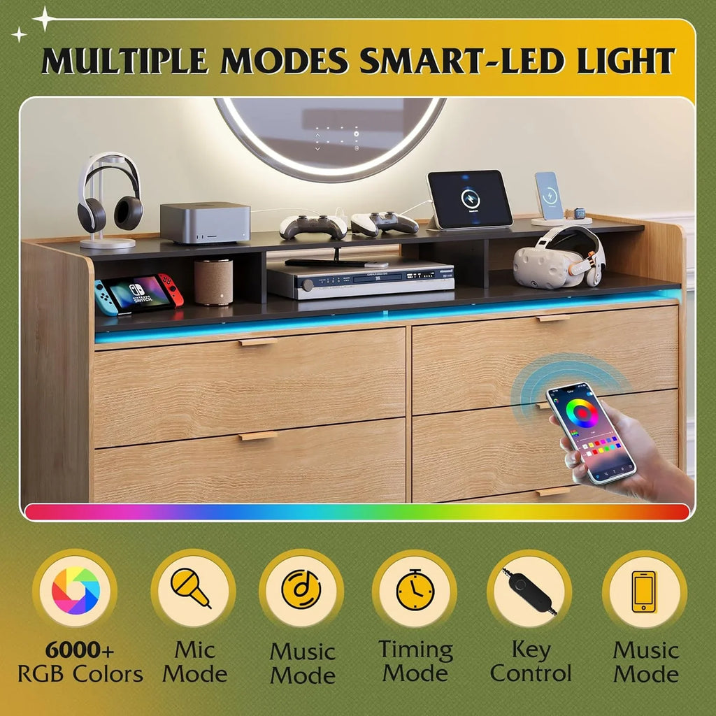 Commode LED à 9 tiroirs pour chambre à coucher, 148 cm de large, organiseur de rangement en bois avec prise électrique