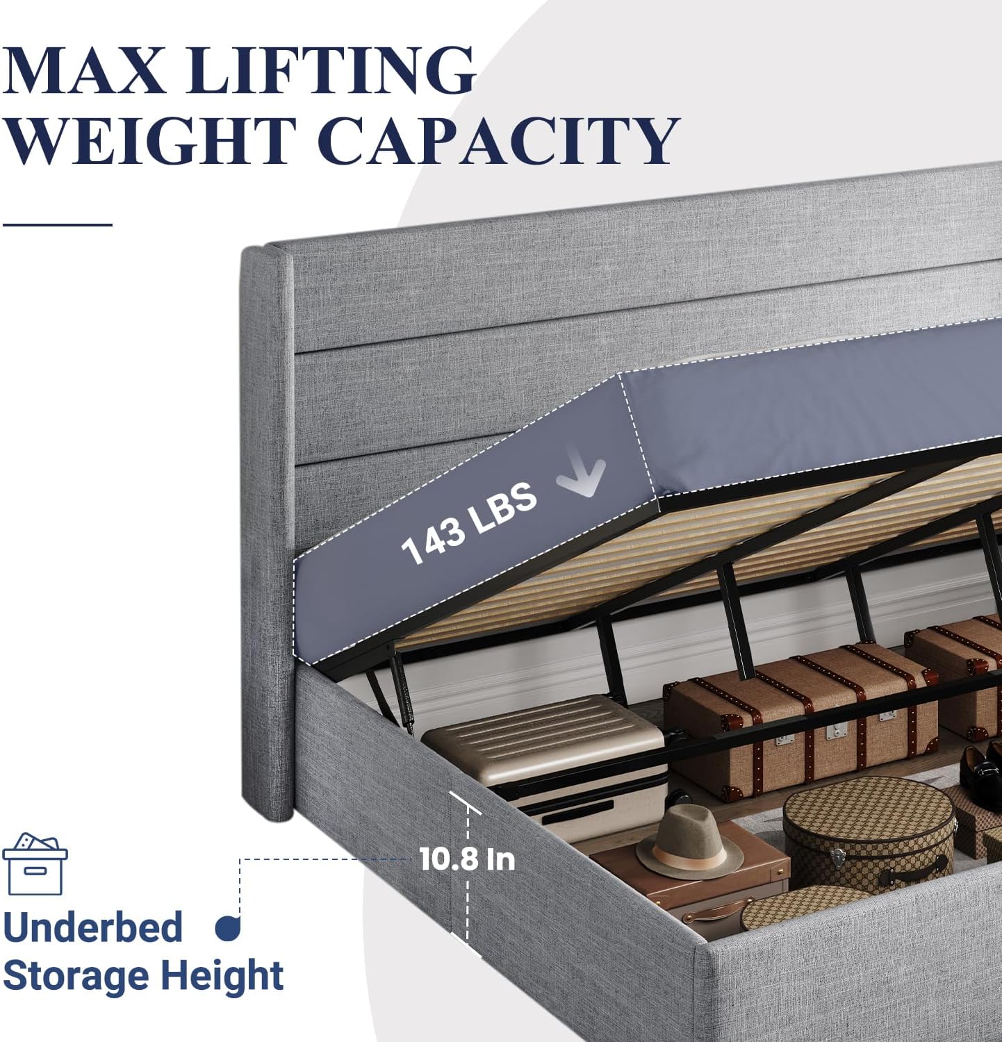 Lit queen-size relevable avec rangement Allewie, tête de lit à oreilles moderne et support hydraulique