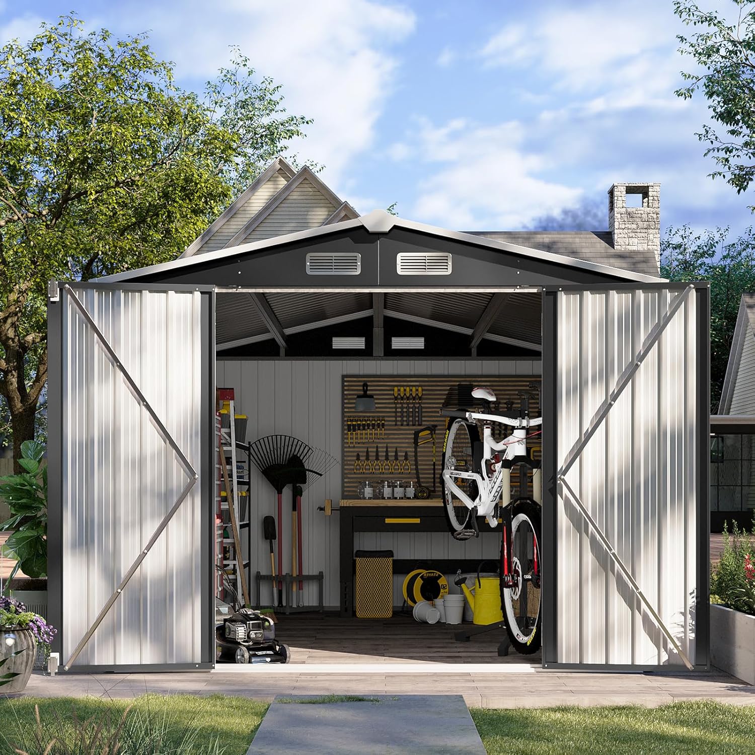 Abri de jardin en métal Aoxun 3,6 x 3 m, abri de jardin extérieur étanche, abri de jardin multifonctionnel en acier avec porte et serrure