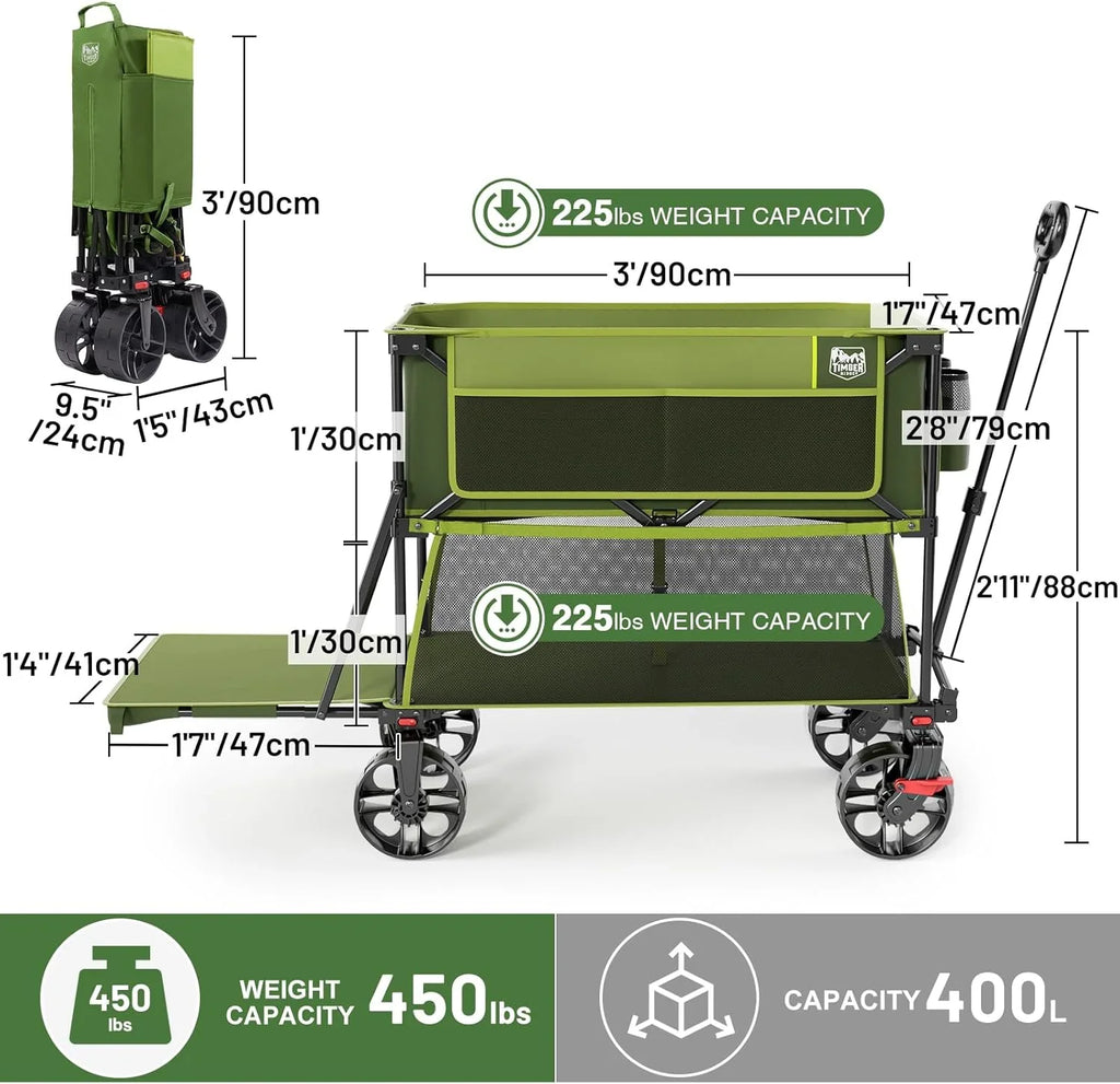 Chariot pliable à deux étages de grande capacité de 400 L avec freins, chariot extra-long de 54 pouces, chariot pliable robuste de 450 livres