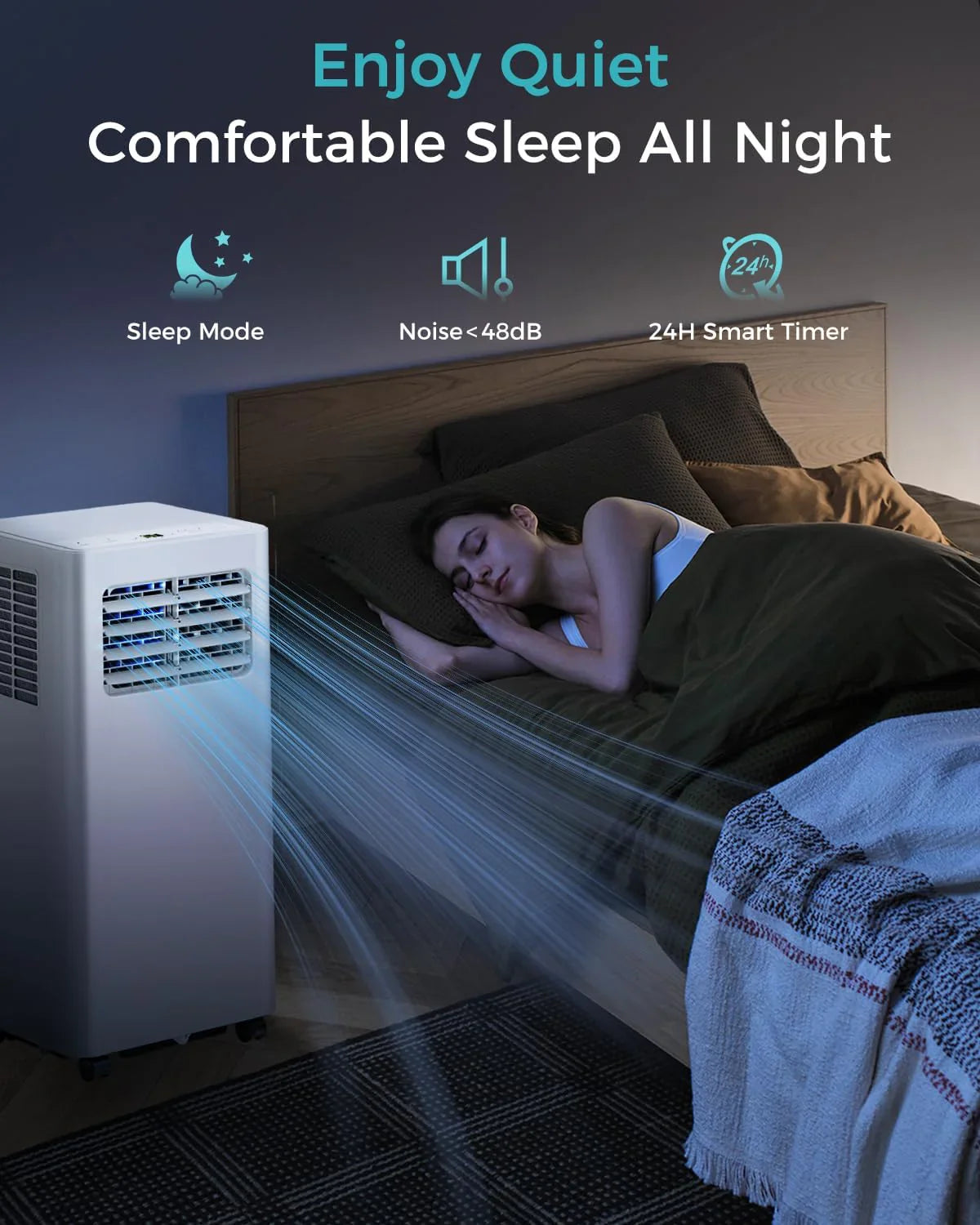 Climatiseur portatif 8 000 BTU - Unité de climatisation 3 en 1 avec télécommande, refroidissement ultra-silencieux pour pièces jusqu'à 350 pi², minuterie 24 h, mode veille