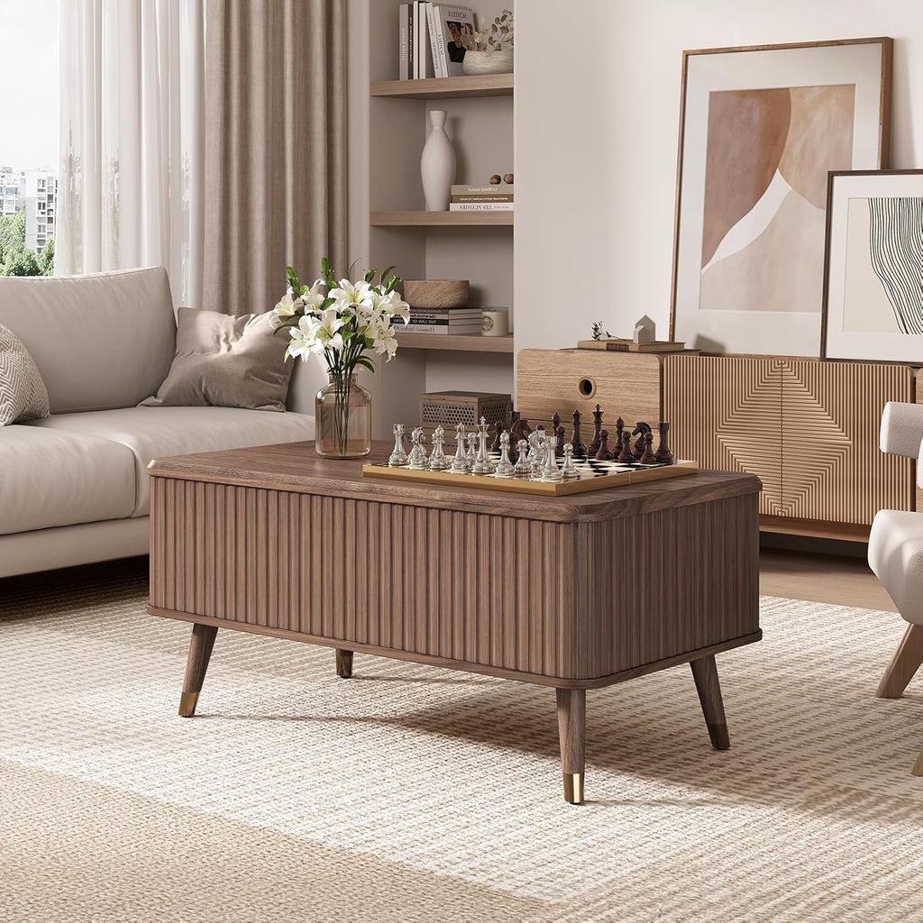 Table basse ronde avec rangement, table centrale encastrée avec portes coulissantes