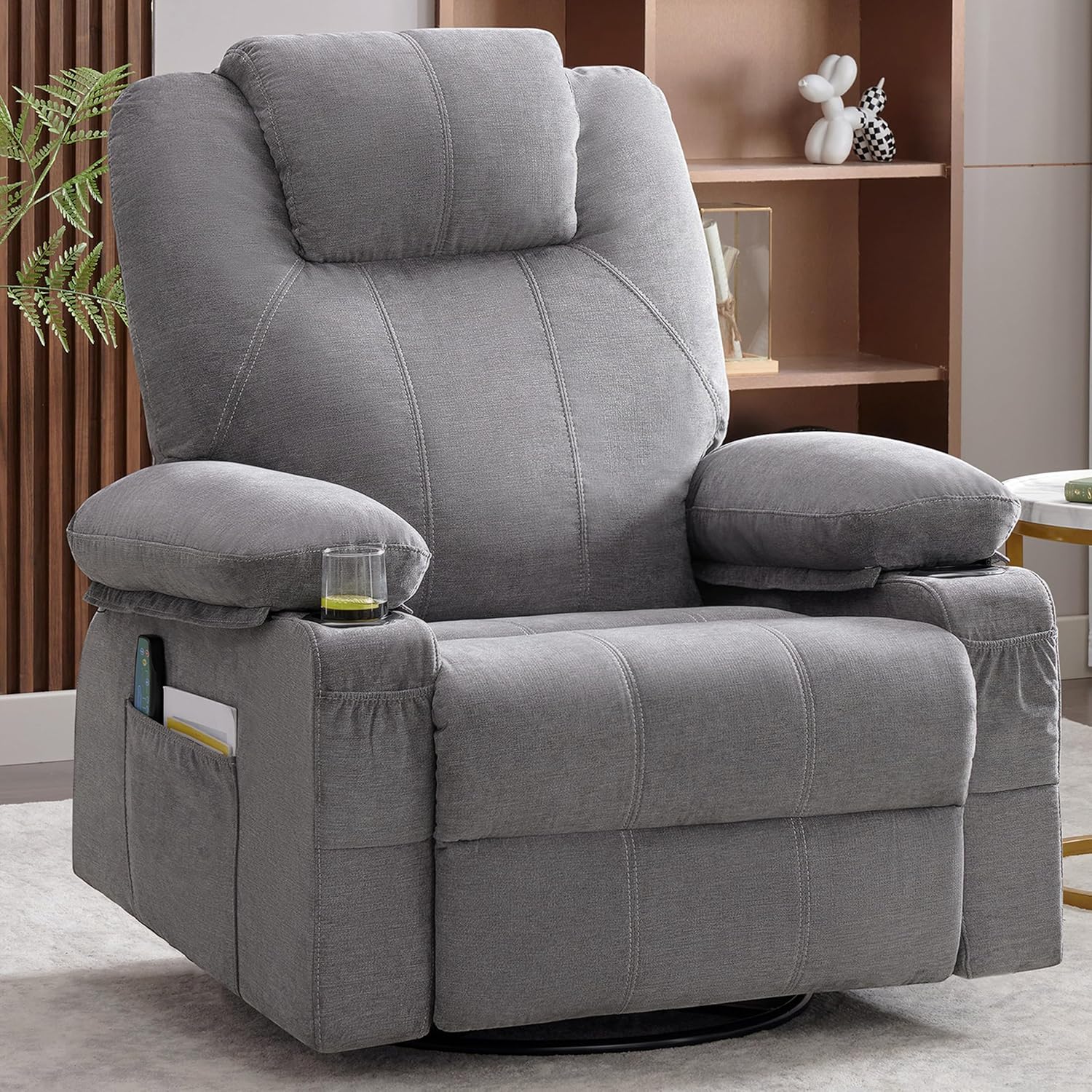 Grand fauteuil inclinable pivotant à bascule avec fonction chauffage et massage, canapé simple pivotant à 360 degrés