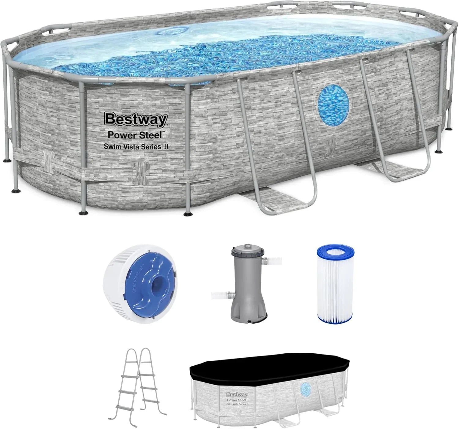 Piscine hors sol Power Steel Swim Vista Série II 4,3 m x 2,4 m x 100 cm avec pompe de filtration de 530 gal/h, échelle et bâche de protection.