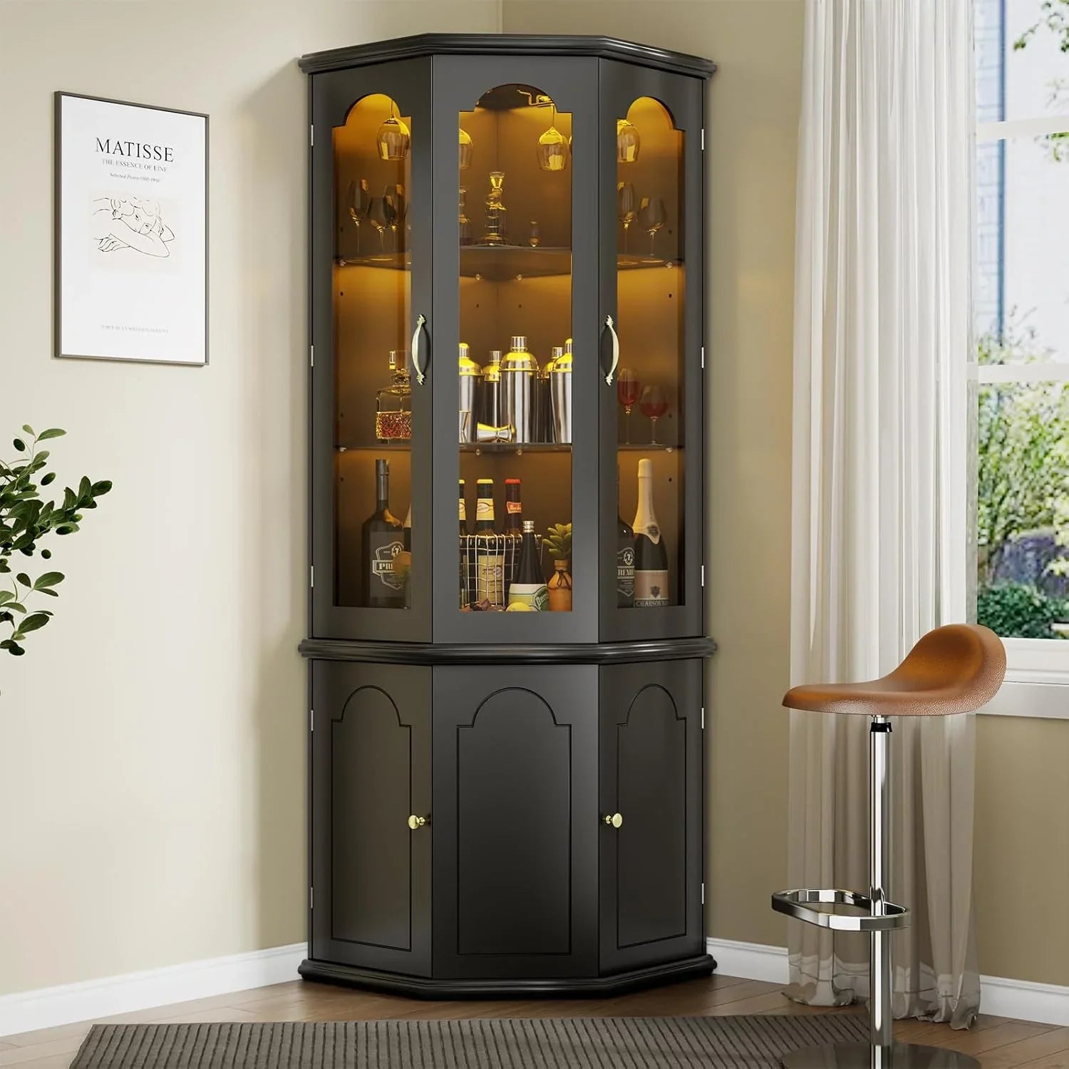 Armoire à vin d'angle avec éclairage LED, grande armoire à vin moderne, armoire de rangement à vin pour bar à domicile