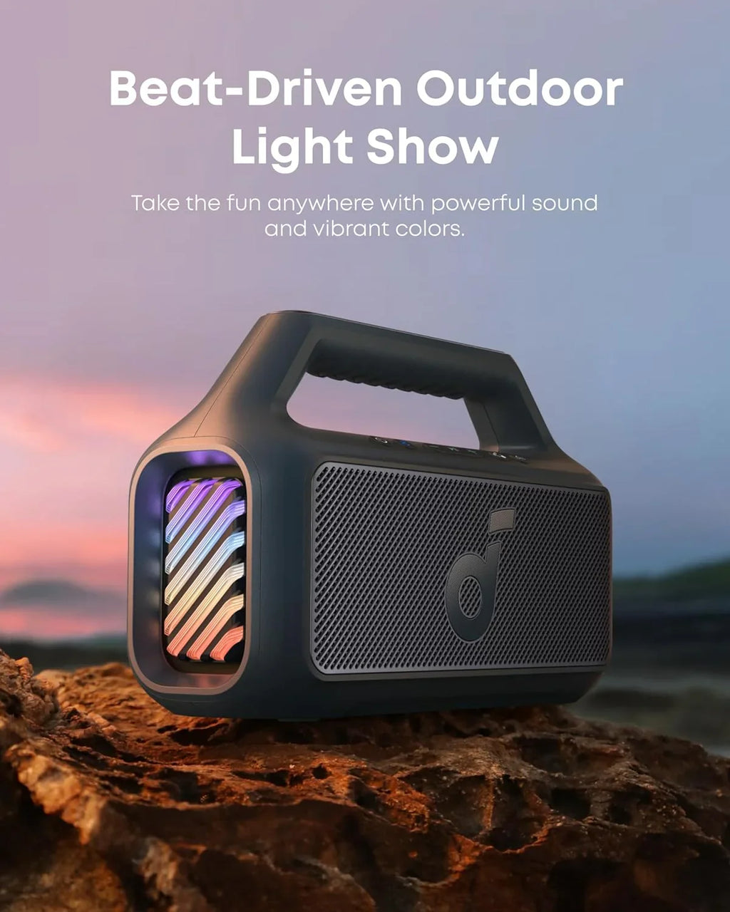 Enceinte d'extérieur, 80 W, caisson de basses, BassUp 2.0, autonomie de 24 heures, étanchéité IPX7, flotte, lumières RVB, USB-C