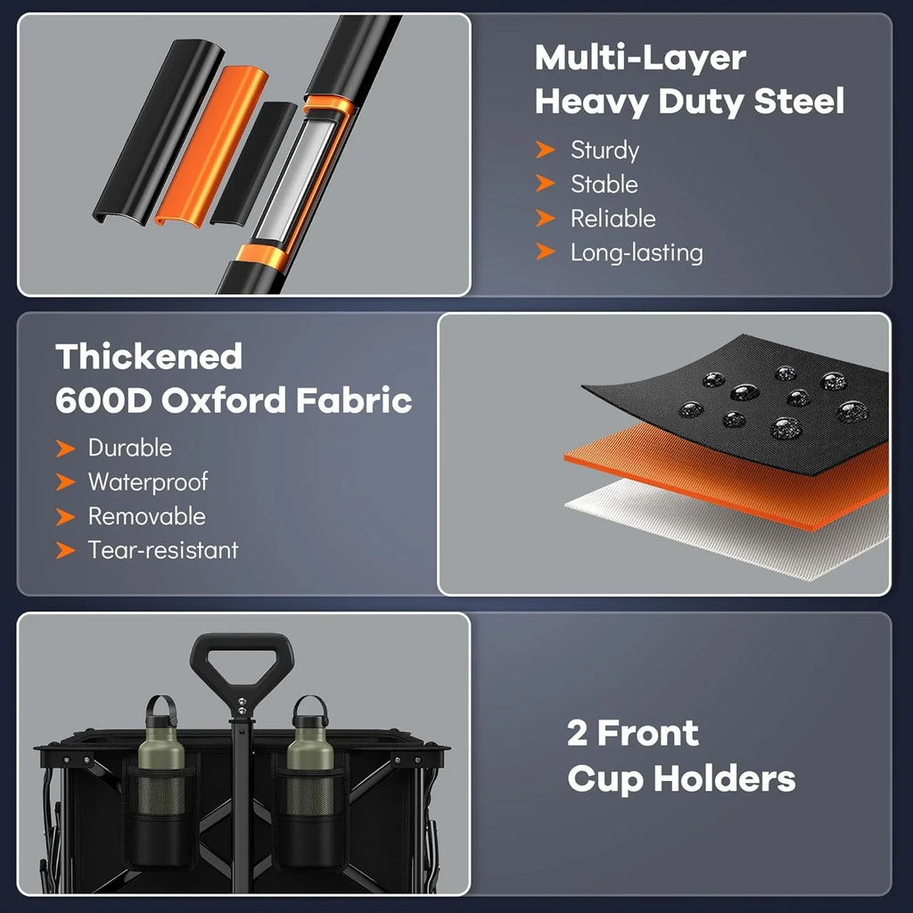 Poussette pliable à quatre roues de 96 cm de long, pliable, capacité de 200 kg, poussette de plage pliable robuste de 220 litres avec de grands pneus tout-terrain