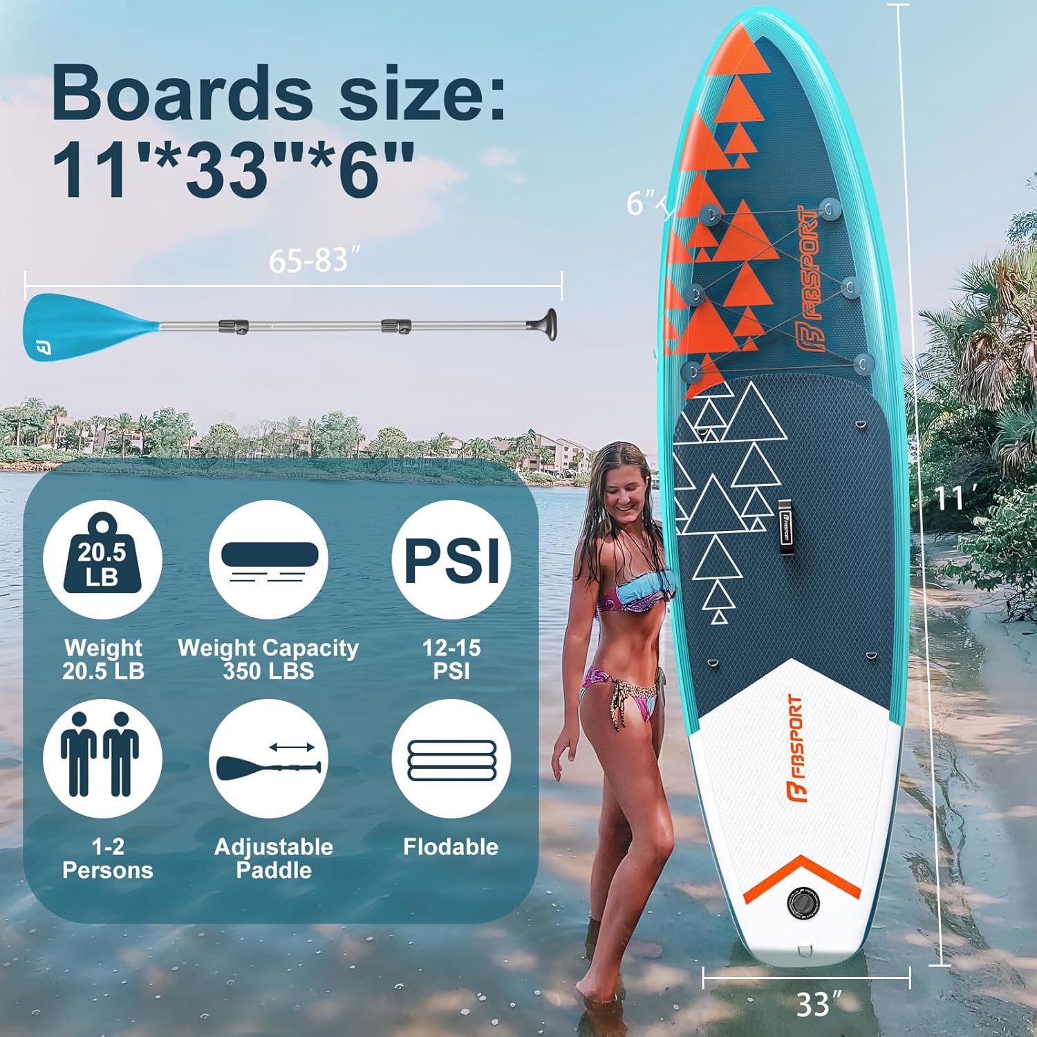 Planche de stand up paddle FBSPORT Premium 11', planche de yoga, contrôle du surf, pont antidérapant, attache, pagaie et pompe