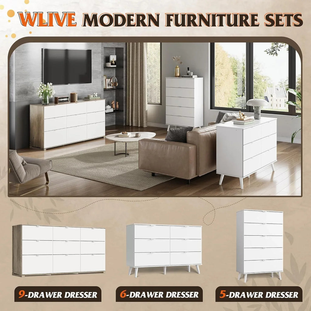 Commode LED à 9 tiroirs pour chambre à coucher, 148 cm de large, organiseur de rangement en bois avec prise électrique