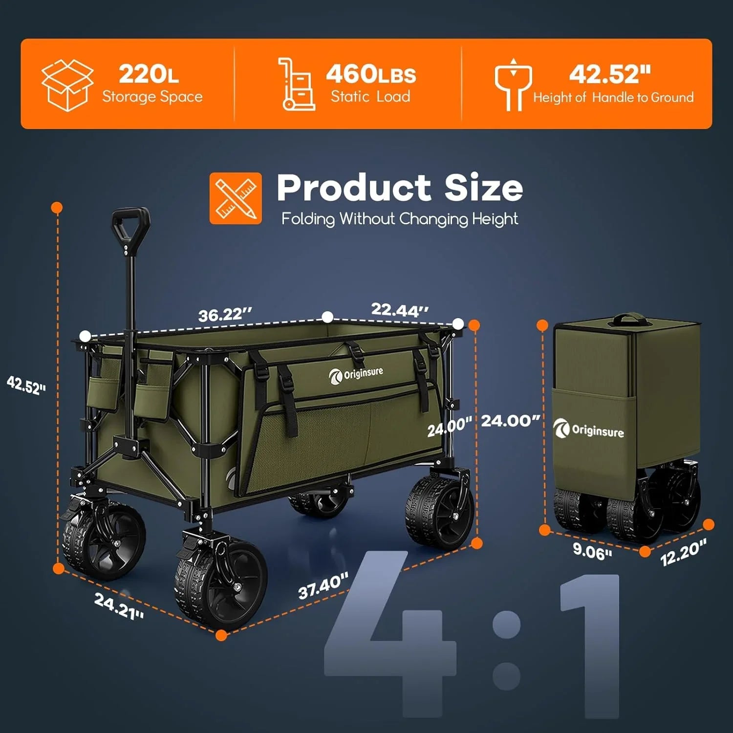 Poussette pliable à quatre roues de 96 cm de long, pliable, capacité de 200 kg, poussette de plage pliable robuste de 220 litres avec de grands pneus tout-terrain