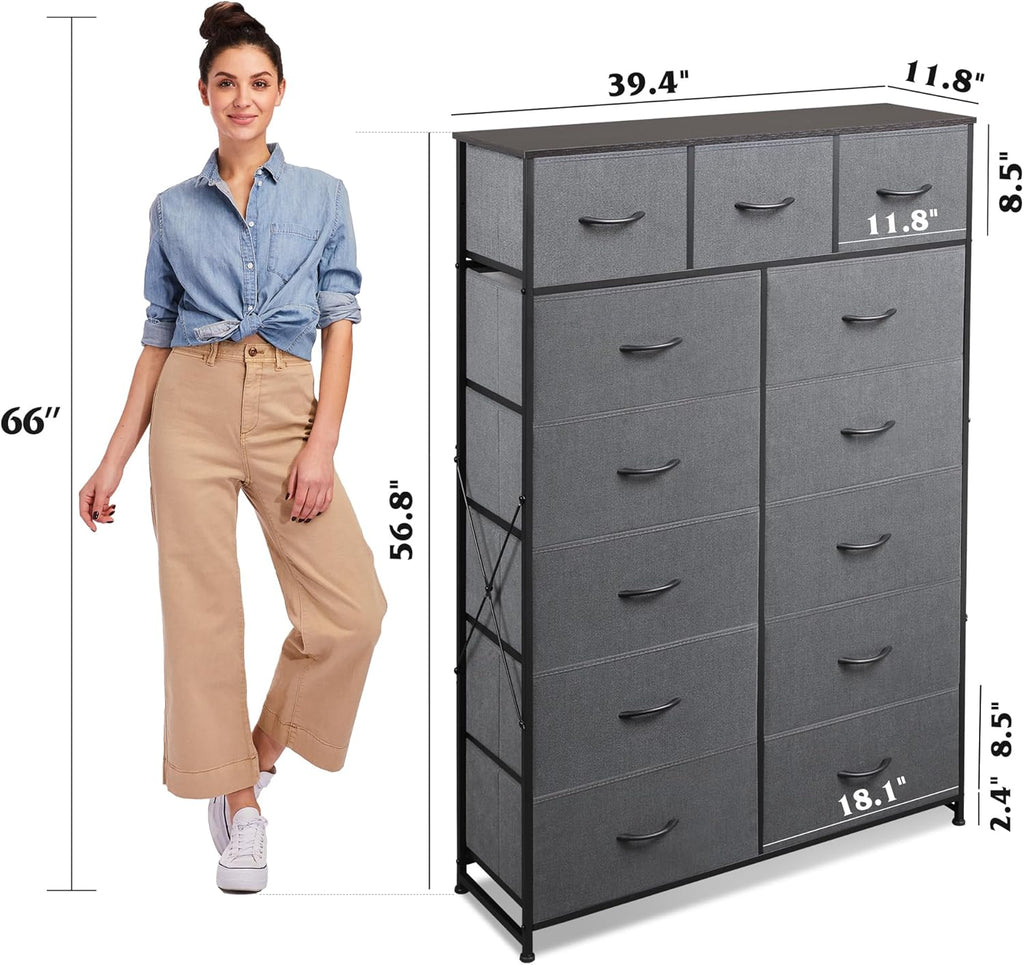 Meuble de rangement WLIVE avec 13 bacs en tissu, tiroirs de rangement avec cadre en acier, grande tour de rangement pour salon, couloir, bureau, noir anthracite