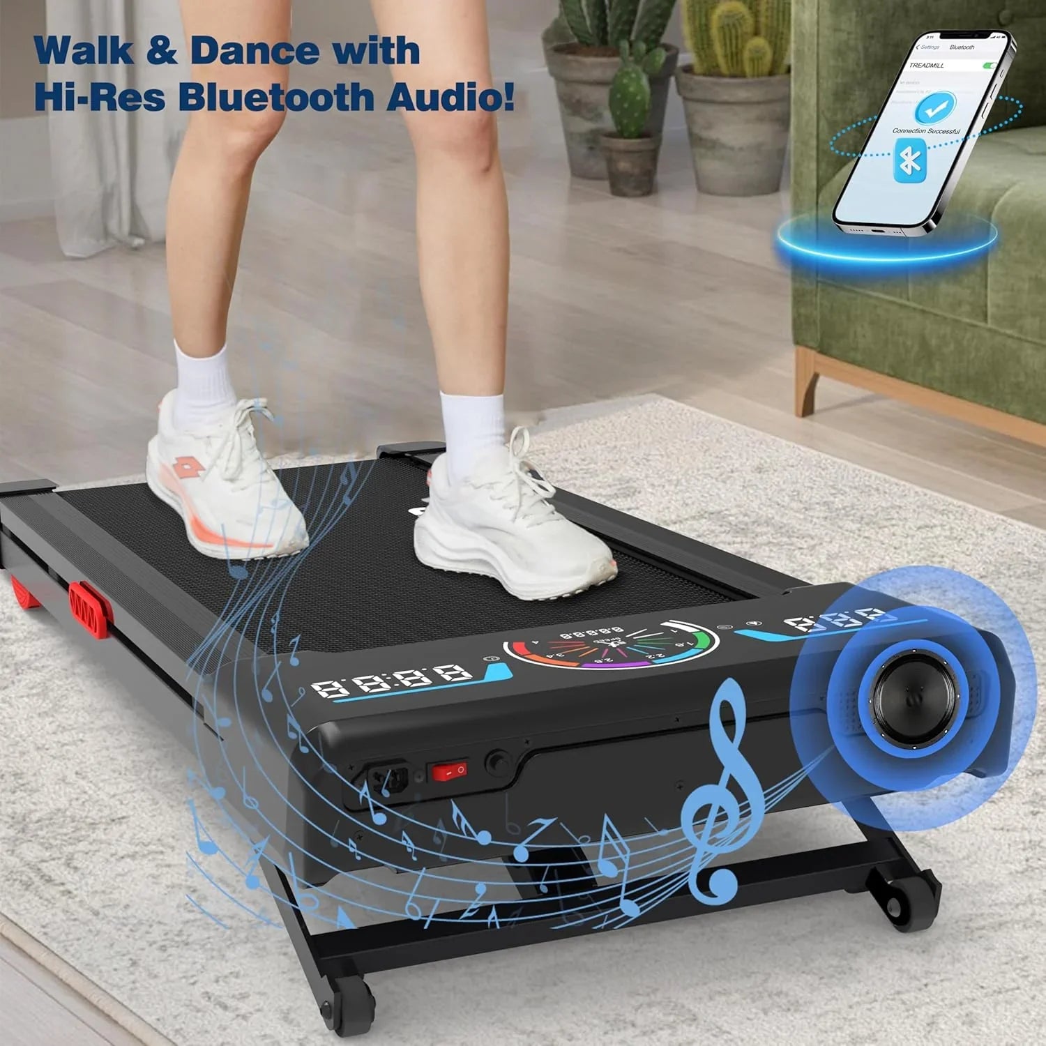 De Walking Pad loopband heeft een automatische hellingshoek van 12% met 9 niveaus, een maximaal gebruikersgewicht van 204 kg (450 lb), een RGB LED-display en Bluetooth-luidsprekers. 