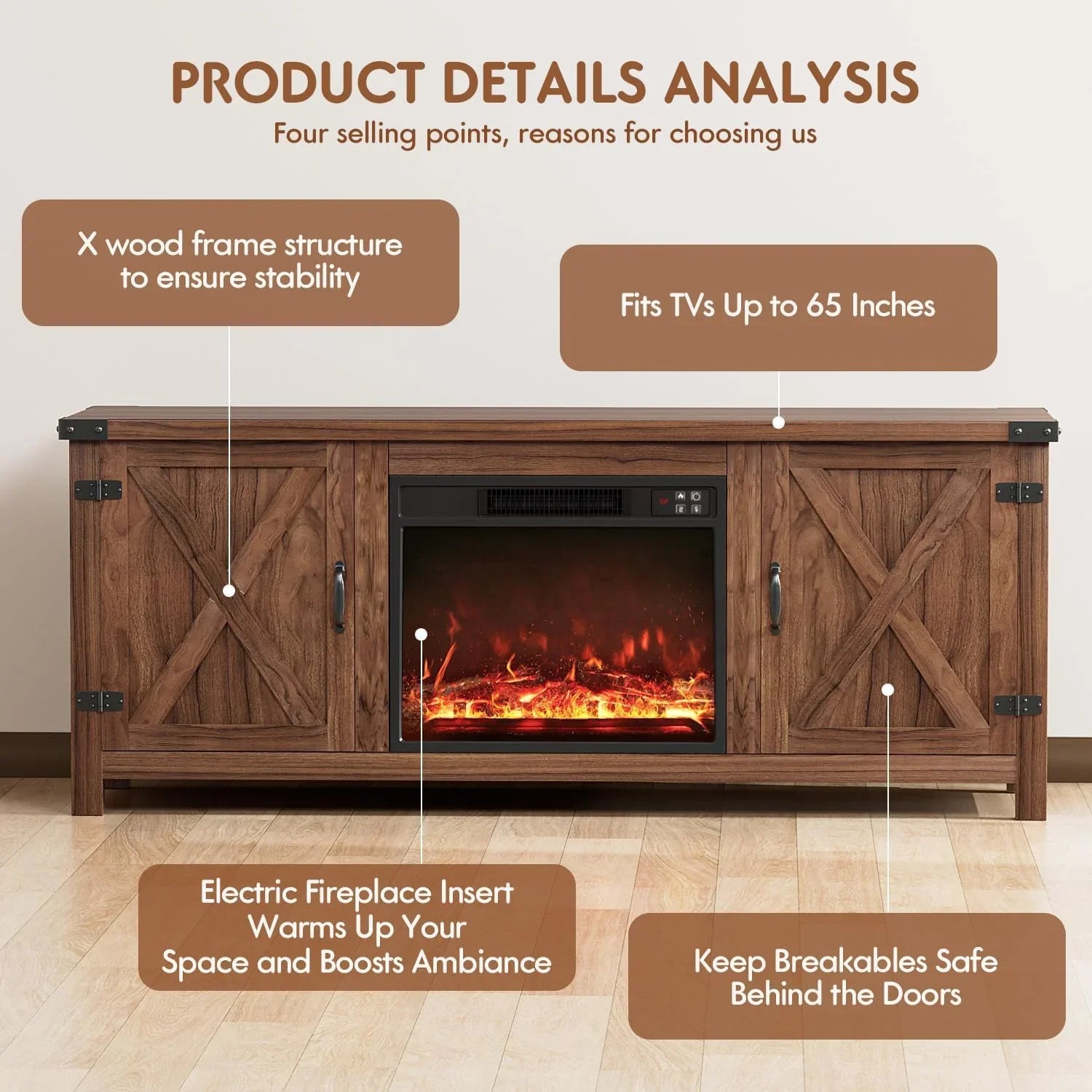 YESHOMY tv-meubel met open haard en twee schuifdeuren, opbergkasten voor tv's tot 65 inch en groter, entertainmentmeubel, mediameubel voor de woonkamer, 58 inch 