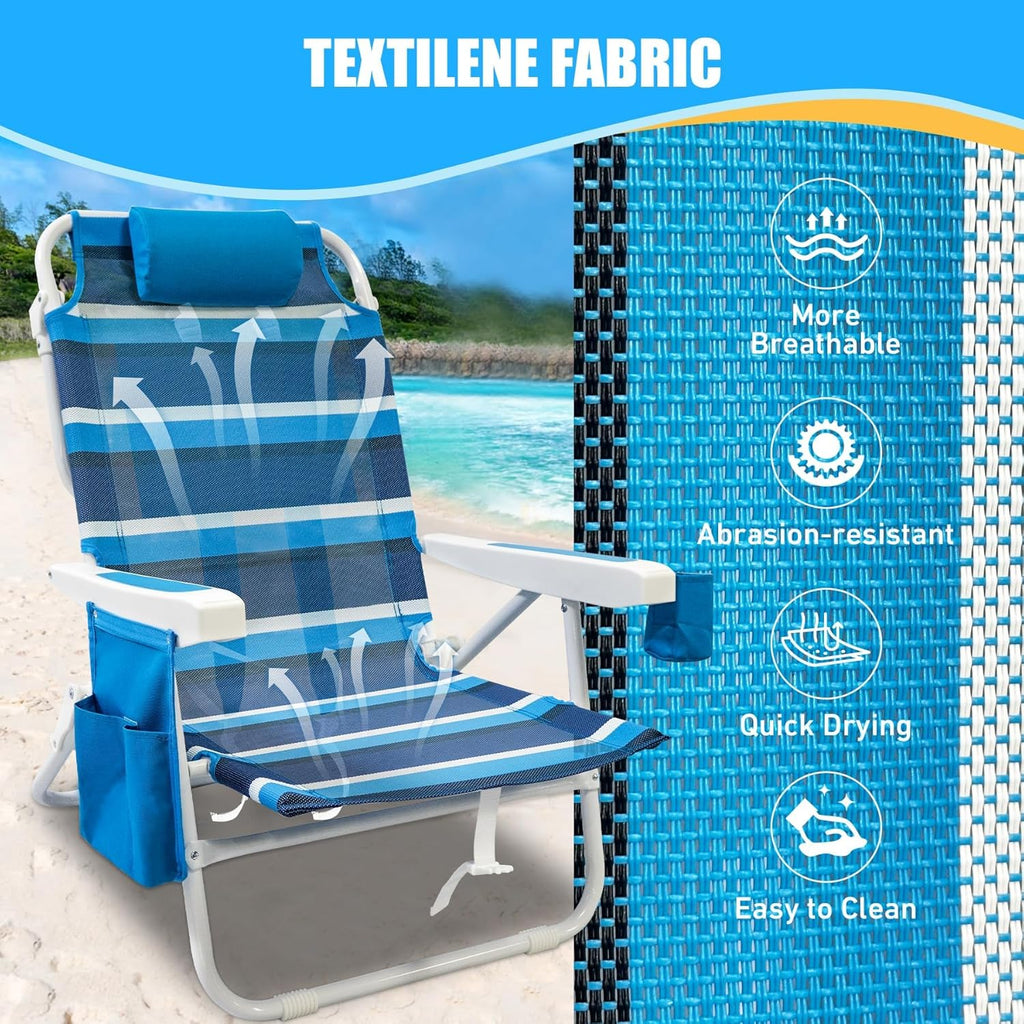 Lot de 2 chaises de plage pliantes à 5 positions avec sangles de sac à dos, sac isotherme et porte-gobelet