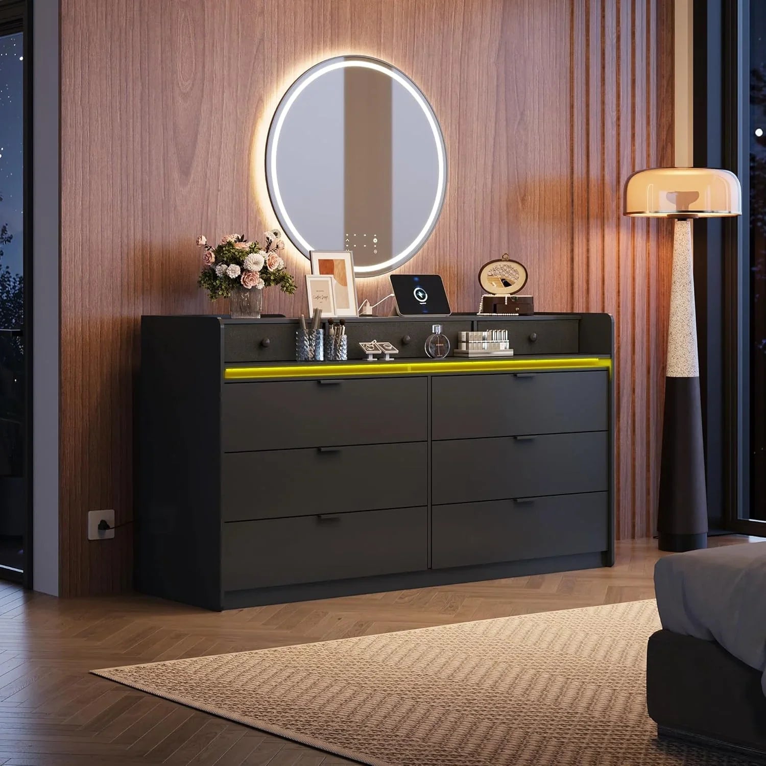 Commode LED à 9 tiroirs pour chambre à coucher, 148 cm de large, organiseur de rangement en bois avec prise électrique